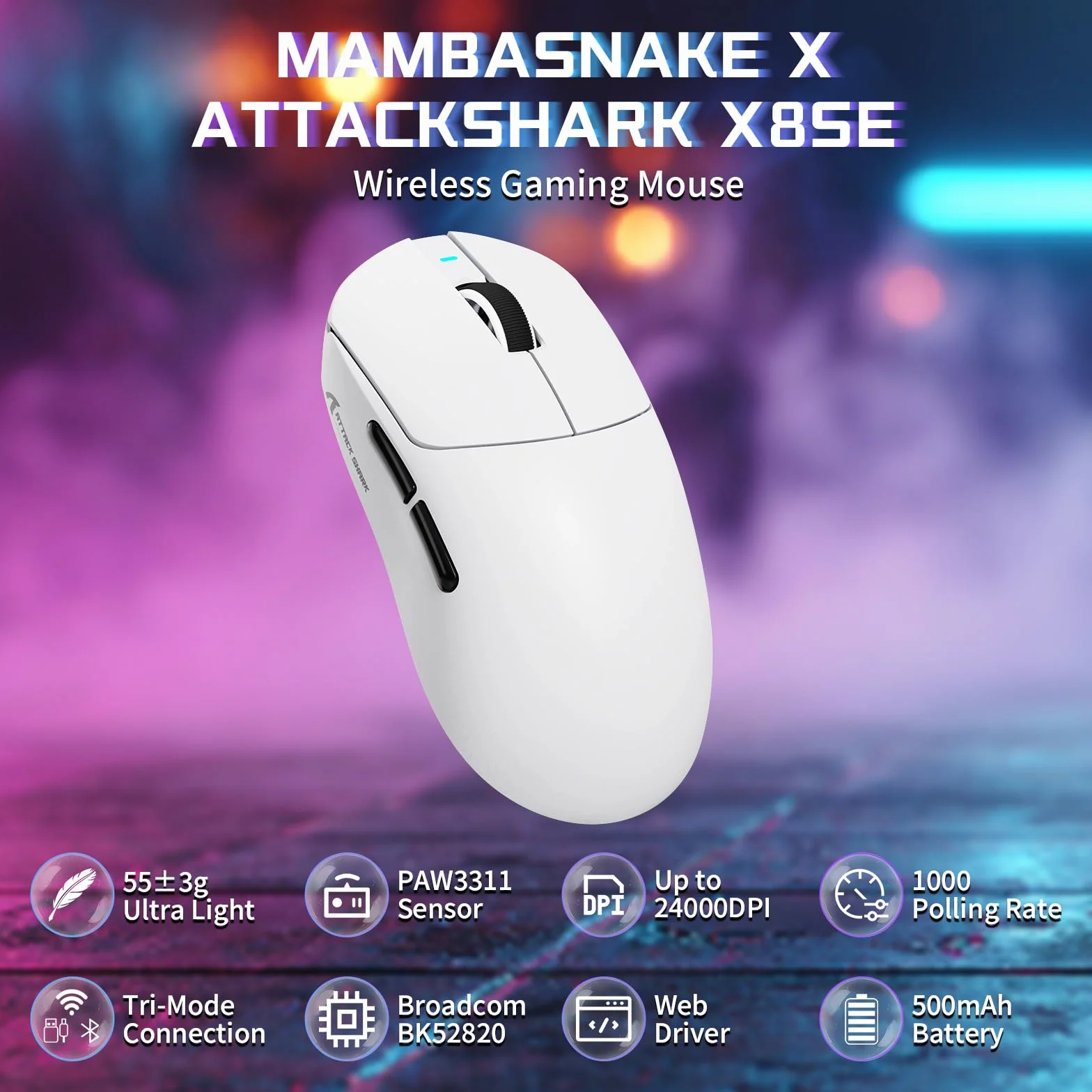 MAMBASNAKE X ATTACK SHARK X8SE Ultralekka bezprzewodowa mysz gamingowa 55g,25000DPI,sensor PixArt PAW3311,BT/2.4G/USB-C,żywotność 80 mln kliknięć,akceleracja 40G,500mAh,sterowniki online,Win/Mac–Biała