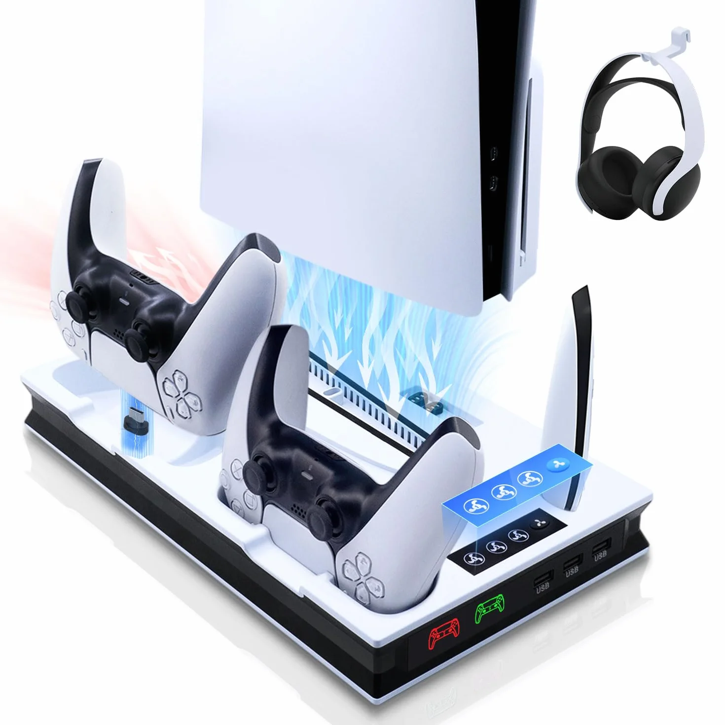 PS5 Slim podstawa z 3-stopniowym wentylatorem, stojak na słuchawki hook, stojak ładujący do podwójnego kontrolera z 3 koncentratorami USB, wielofunkcyjna stacja ładująca LED z magnesem do