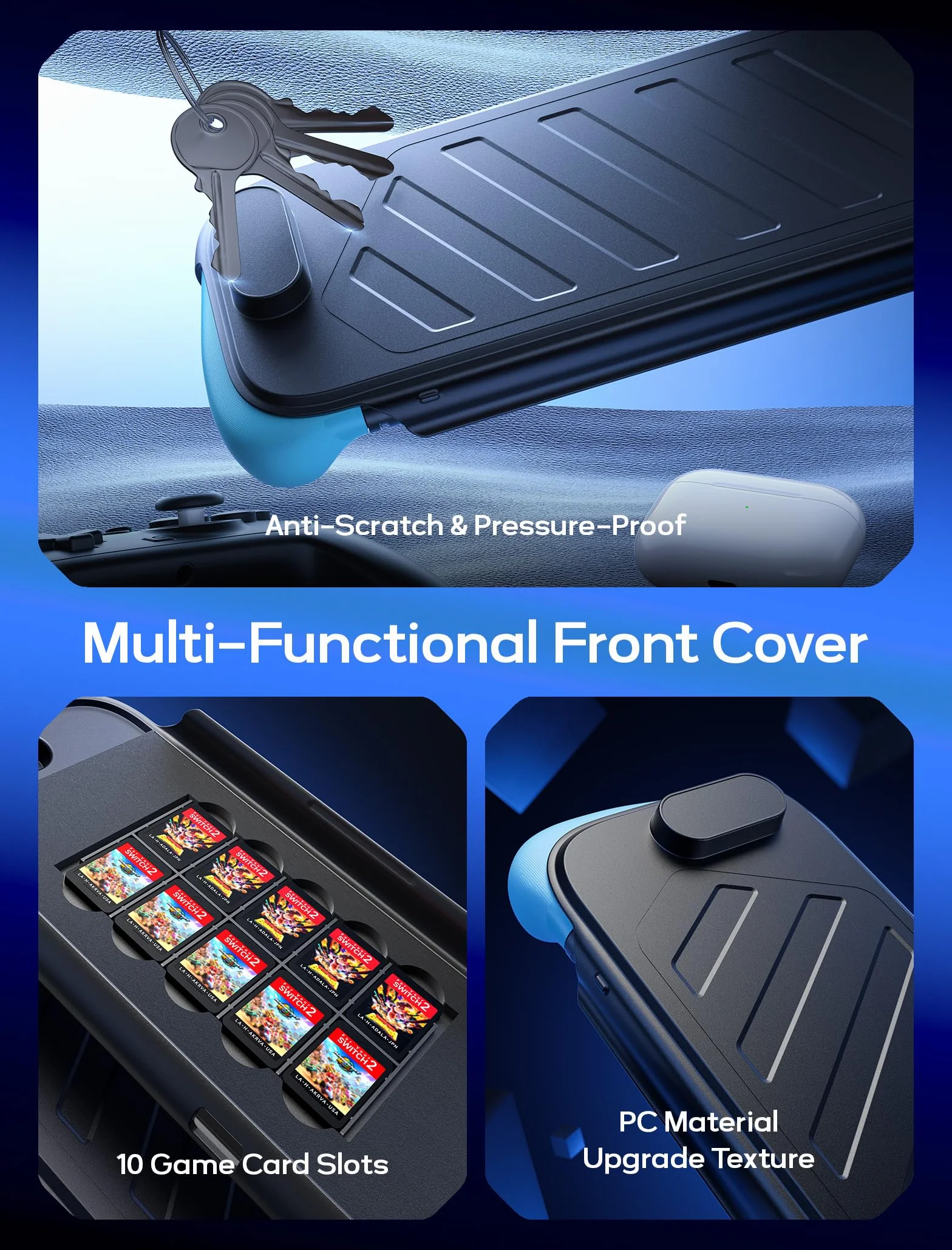 JSAUX Podzielone etui ochronne na Nitendo Switch 2, środkowa rama TPU i przednia osłona PC, antypoślizgowy ergonomiczny uchwyt, przechowywanie 10 kart do gier, obsługuje stojak, PC0114 (niebieski i