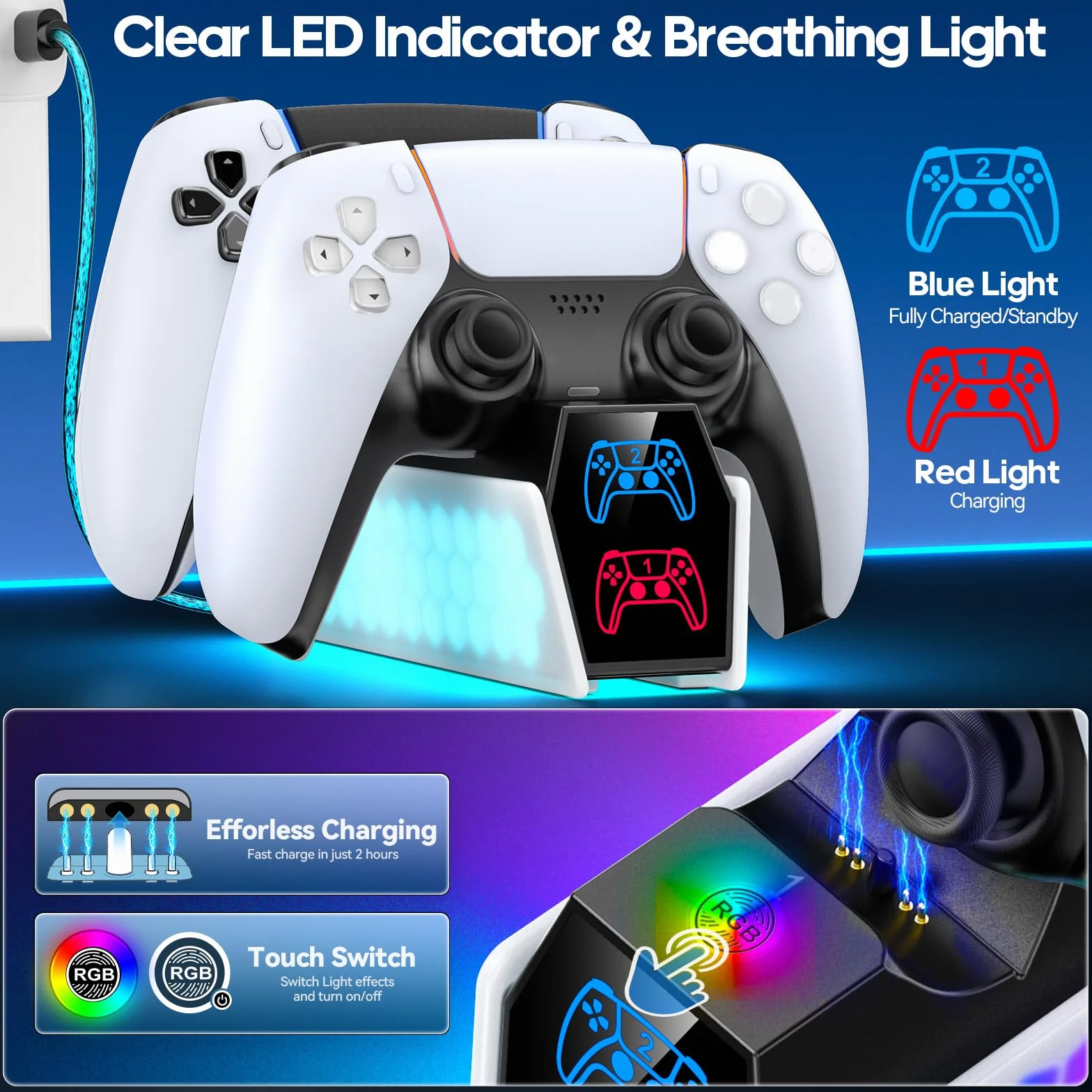 KDD Stacja ładująca do kontrolera PS 5 i PS5 Edge, ładowarka kontrolera PS5 ze wskaźnikiem LED, akcesoria do Playstation 5 stacja ładująca z kablem USB-C