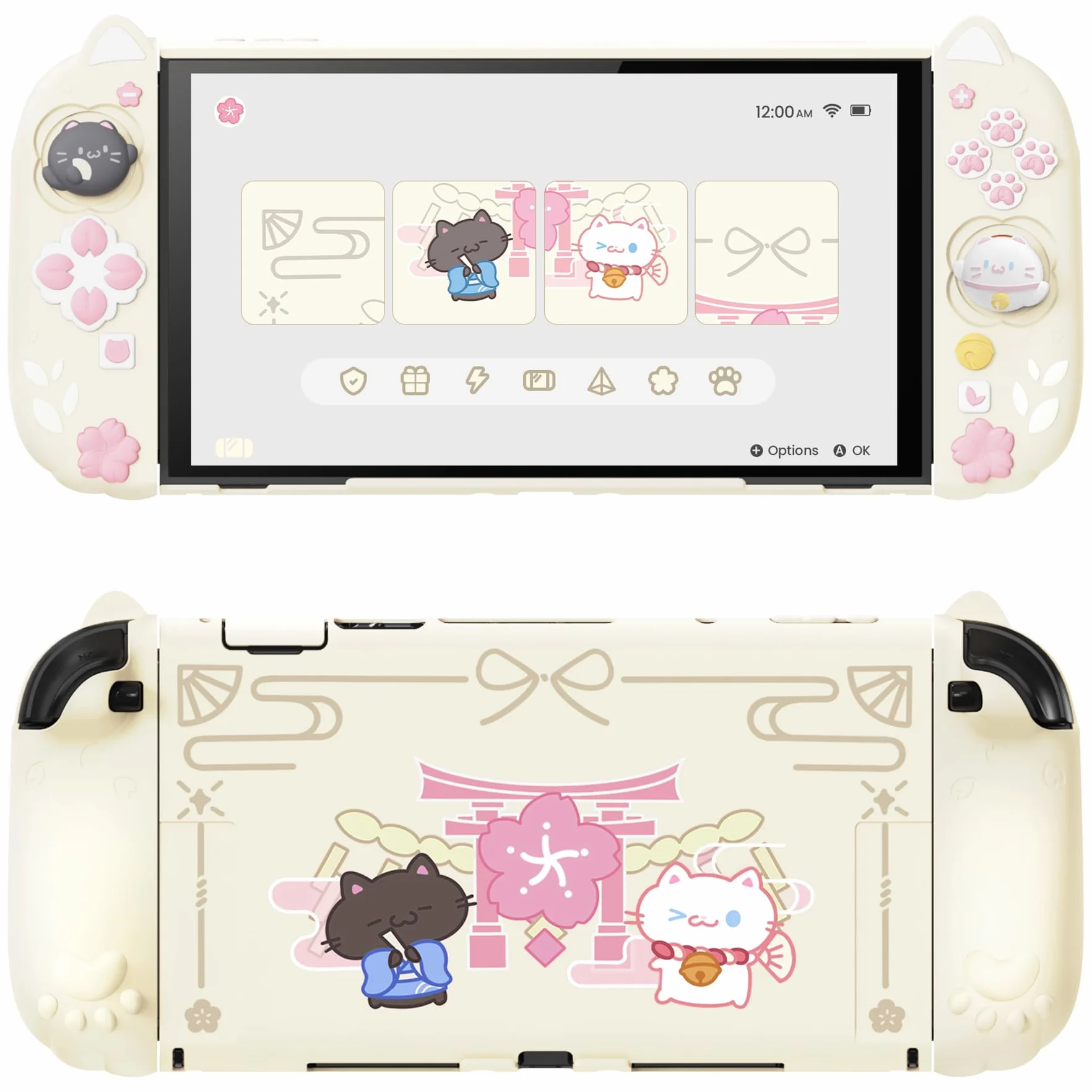 PlayVital Etui do Switch 2 z Silikonowymi Uchwytami Joycon & Nakładkami Joysticki & Podstawką,Akcesorium Ochronne do Switch 2 Konsoli,Dockowalne Etui w Żółty Antyczny-Motyw Kociątko i Kwiaty Wiśni
