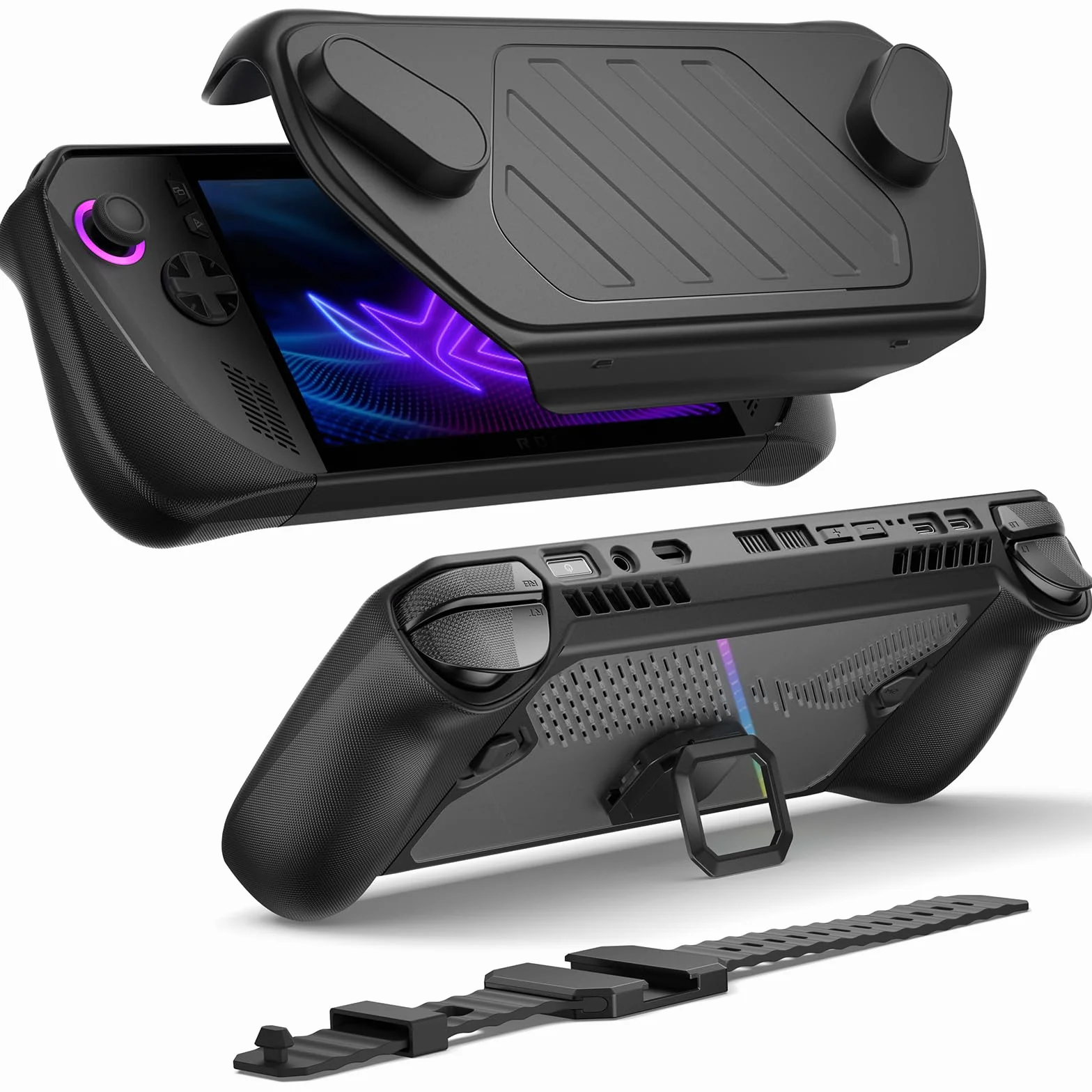 JSAUX ModCase do ROG Ally X z odpinaną przednią obudową, etui ochronne, metalowy uchwyt i pasek do akcesoriów PowerBank, kompatybilne z ASUS ROG Ally X, akcesoria, zestaw podstawowy - PC0111 (czarne),