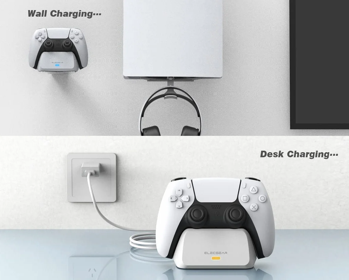 ElecGear Stacja ładująca Solo dla Kontrolera PS5, Uchwytem ściennym i Biurkiem Stacja Dokująca z ładowarką USB dla kontrolera bezprzewodowego PlayStation 5 DualSense