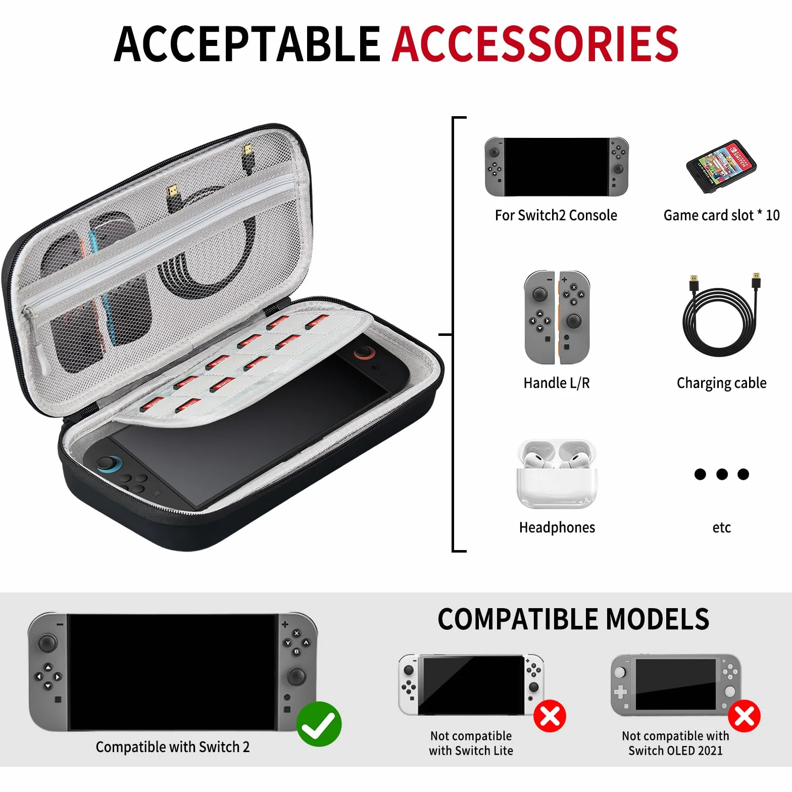 AriKroii Torba do przenoszenia kompatybilna z Nintendo Switch 2, przenośna torba podróżna z 12 kartridżami do gier, twarda obudowa ochronna z kieszeniami na akcesoria i gry