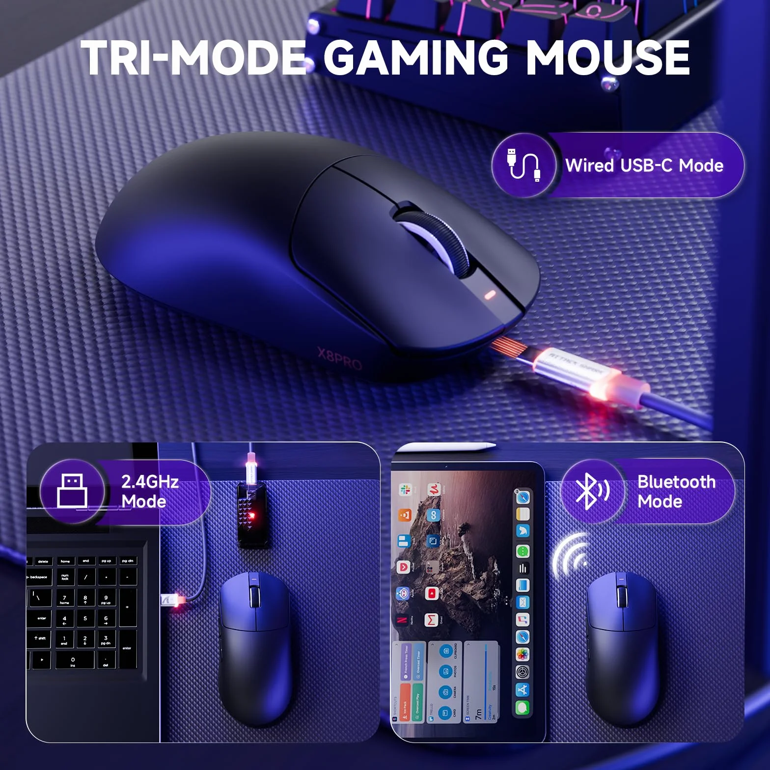 ATTACK SHARK X8PRO 55g Mysz bezprzewodowa do gier, ultralekka, spiralny kabel dla średnich i dużych dłoni, częstotliwość odświeżania 8 tys., 2,4 GHz/przewodowy/BT, 500mAH,40000 DPI-czarny