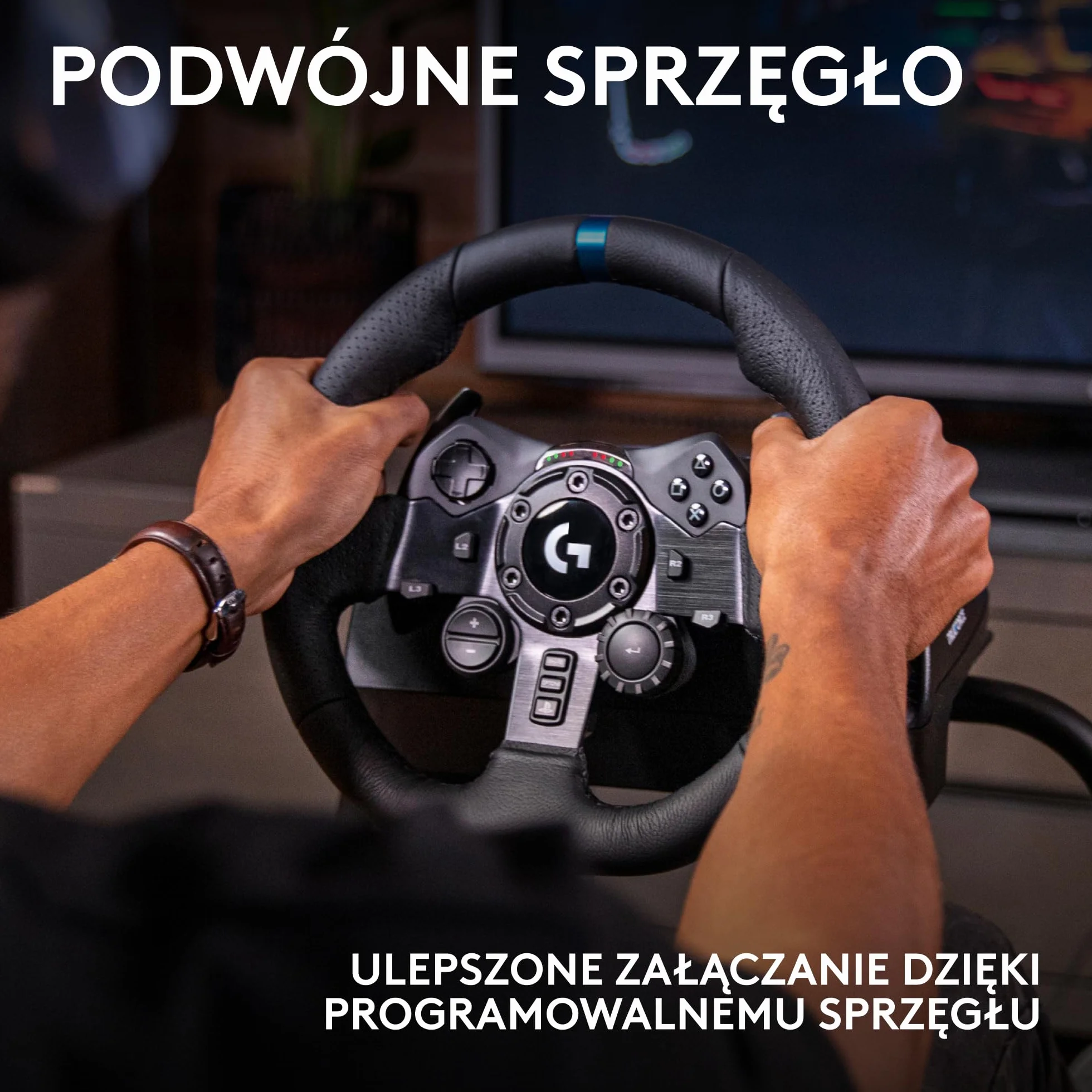 Logitech G G923 Kierownica wyścigowa i pedały, siłowe sprzężenie zwrotne TRUEFORCE 1000 Hz, responsywna forma kierowania, podwójne sterowanie uruchamianiem sprzęgła, skóry, PS5, PS4, PC, Mac - Czarny