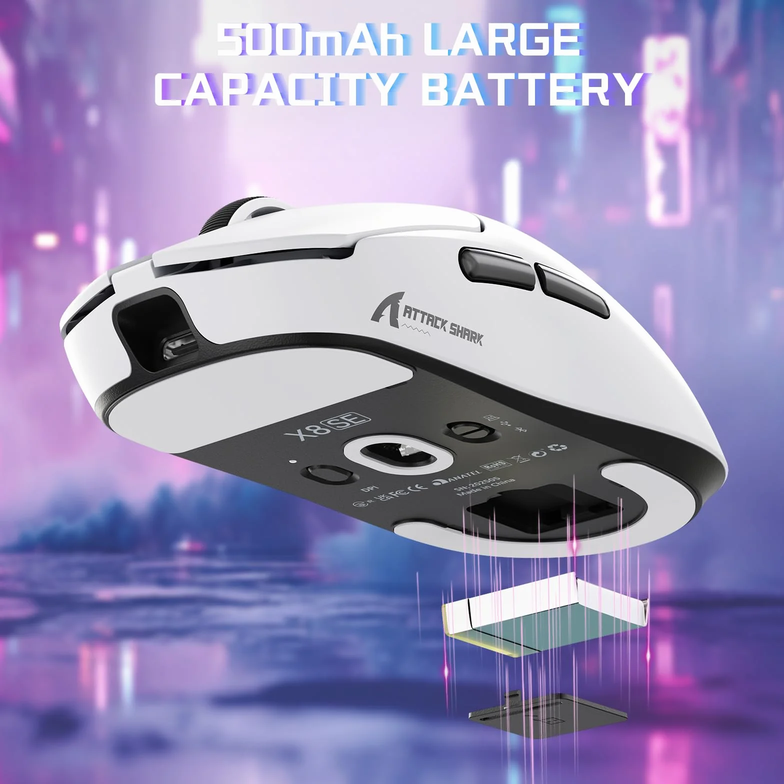 MAMBASNAKE X ATTACK SHARK X8SE Ultralekka bezprzewodowa mysz gamingowa 55g,25000DPI,sensor PixArt PAW3311,BT/2.4G/USB-C,żywotność 80 mln kliknięć,akceleracja 40G,500mAh,sterowniki online,Win/Mac–Biała