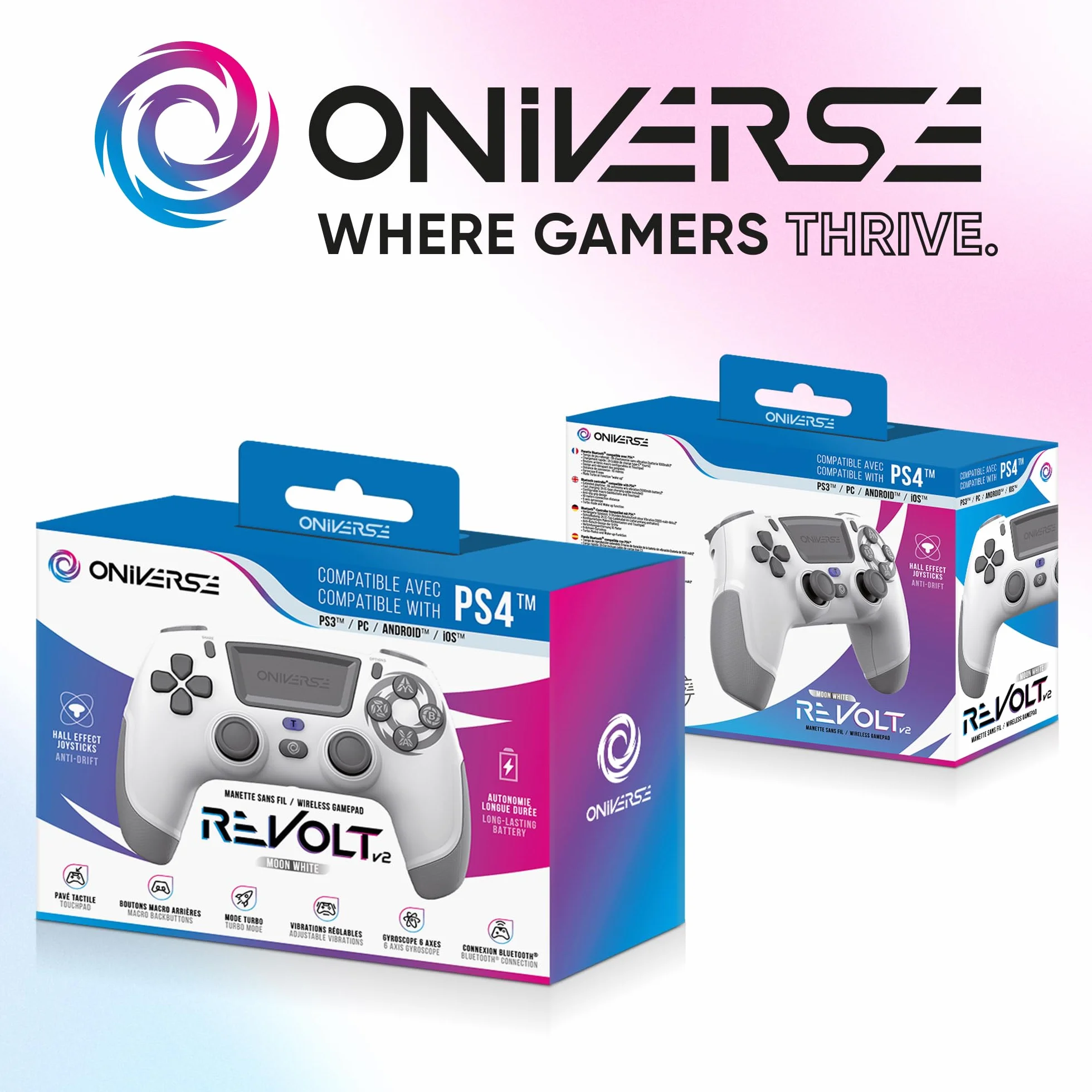 Oniverse Bezprzewodowy kontroler do PS4 PS3 PC Android iOS, gniazdo słuchawkowe, joystick z efektem hali, akumulator 1000 mAh, przyciski makro, funkcja budzenia, 6-osiowy żyroskop, Revolt White