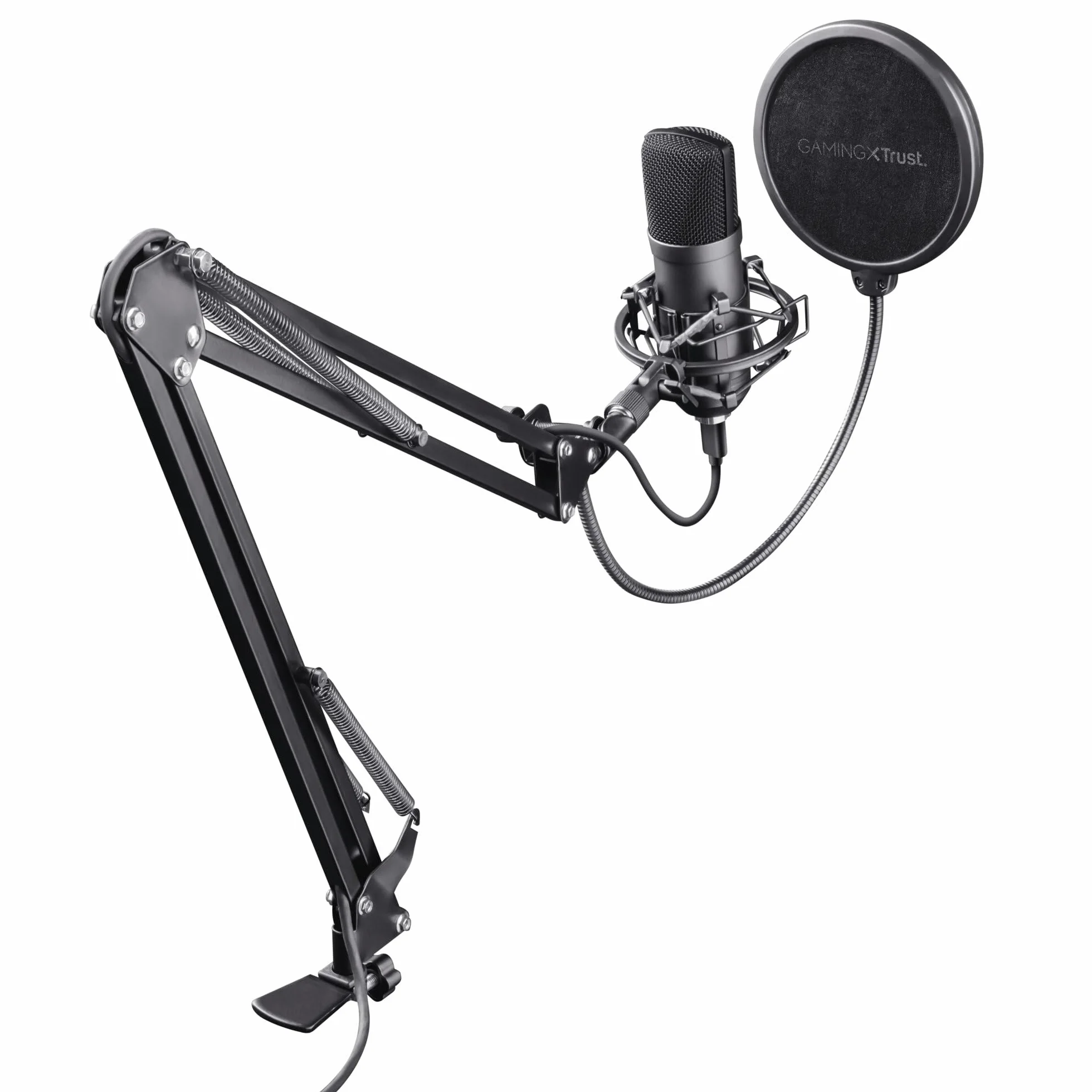 Trust Gaming GXT 252+ Emita Profesjonalny Mikrofon Studyjny z Ramieniem, Pop Filter i Kosz Antywibracyjny, Mikrofon Komputerowy USB z Wysięgnikiem, Podcast, ASMR, Nagrywanie Muzyki, Streaming, Gry