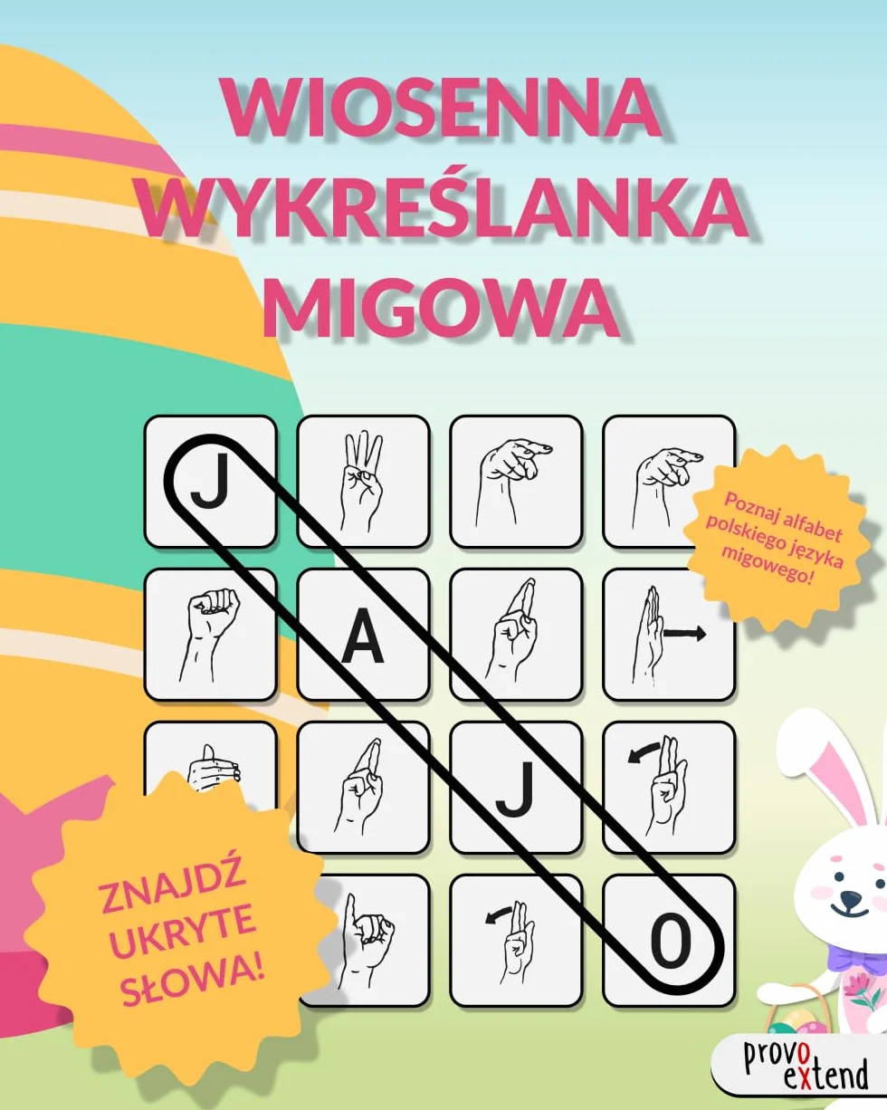 Wiosenna Wykreślanka Migowa: poznaj alfabet polskiego języka migowego,PJM, 50 zagadek PJM, ćwicz mózg, rozwijaj pamięć i kreatywność, ucz się daktylografii