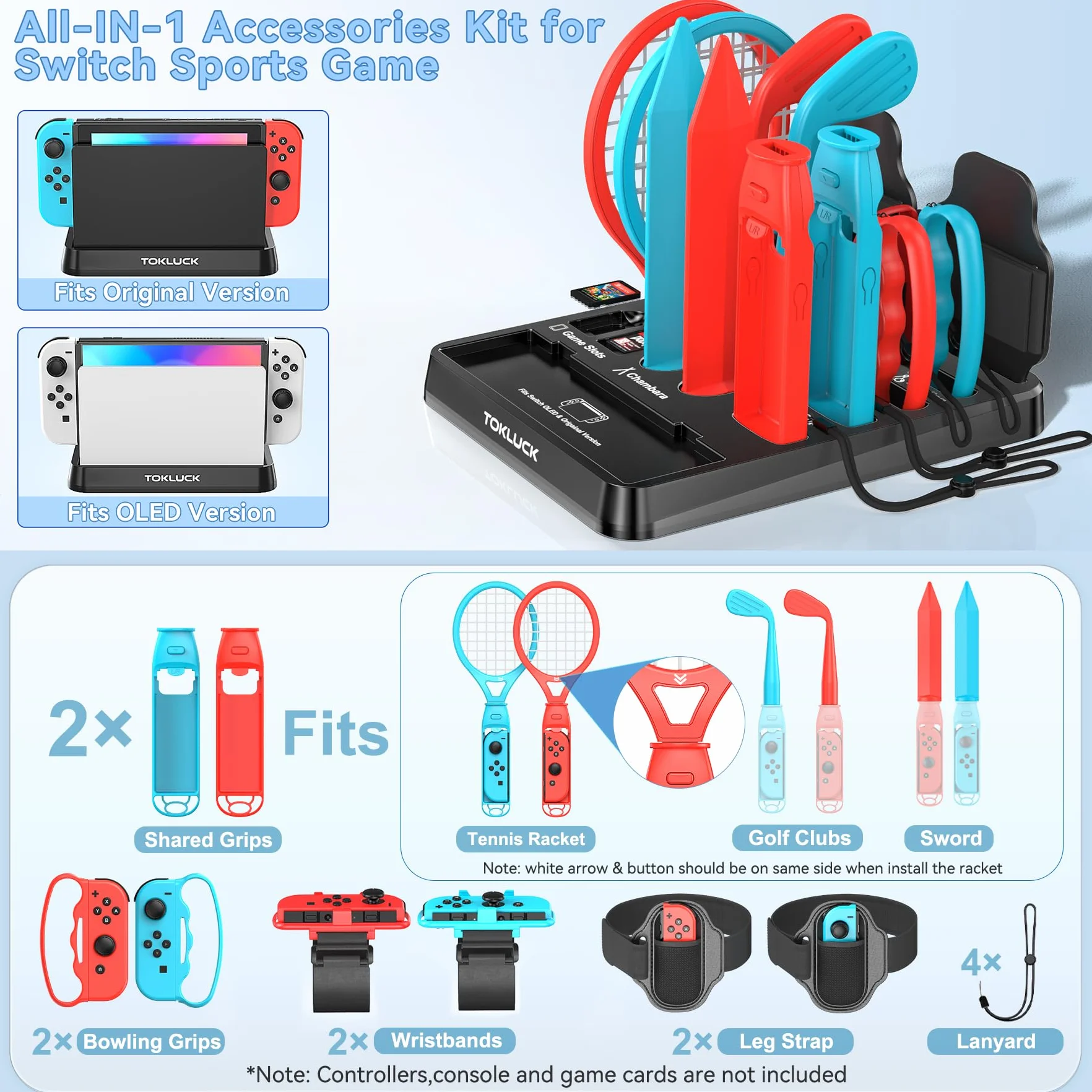 Tokluck 15 w 1 Akcesoria sportowe Switch 2023, zestaw akcesoriów sportowych Switch z organizerem do konsoli Switch/OLED i akcesoriami sportowymi do gier sportowych Switch