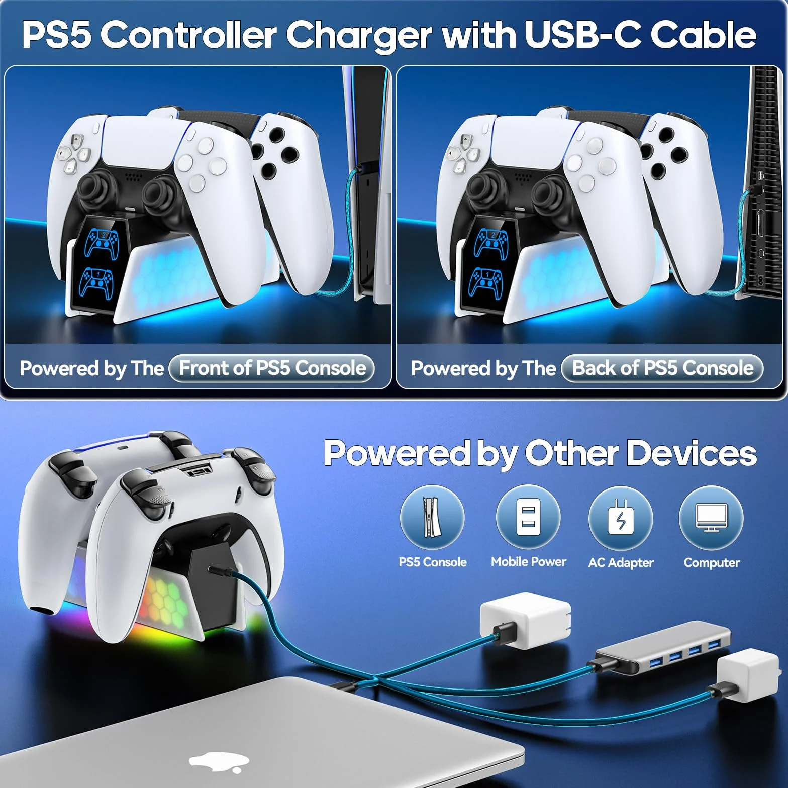 KDD Stacja ładująca do kontrolera PS 5 i PS5 Edge, ładowarka kontrolera PS5 ze wskaźnikiem LED, akcesoria do Playstation 5 stacja ładująca z kablem USB-C