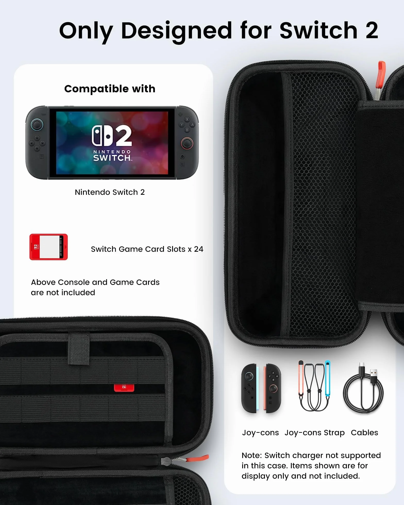 TRANSNOVO Carrying Case Compatible with Nintendo Switch-2, Lightweight & Durable Travel Case, Card Storage for 24 Games & Accessories, Soft Lining, Water-Resistant EVA Shell, Rubber Handle, Black-2025
