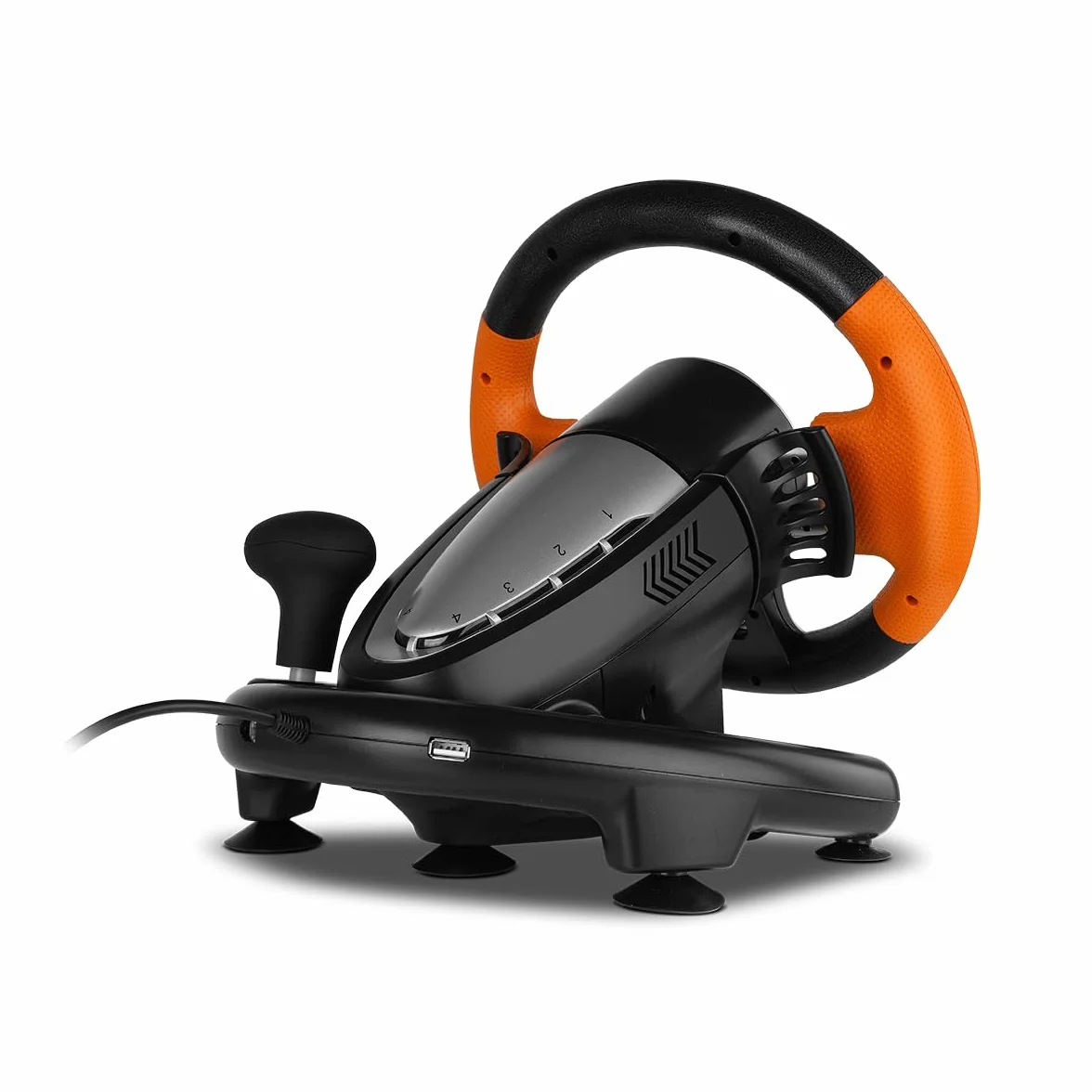 KROM K-DRIVER- Wieloplatformowy zestaw kierownicy i pedałów, dźwignia zmiany biegów i łopatki na kierownicy, efekt wibracji, kompatybilny PC, PS3, PS4 i XBOX, czarno-pomarańczowy