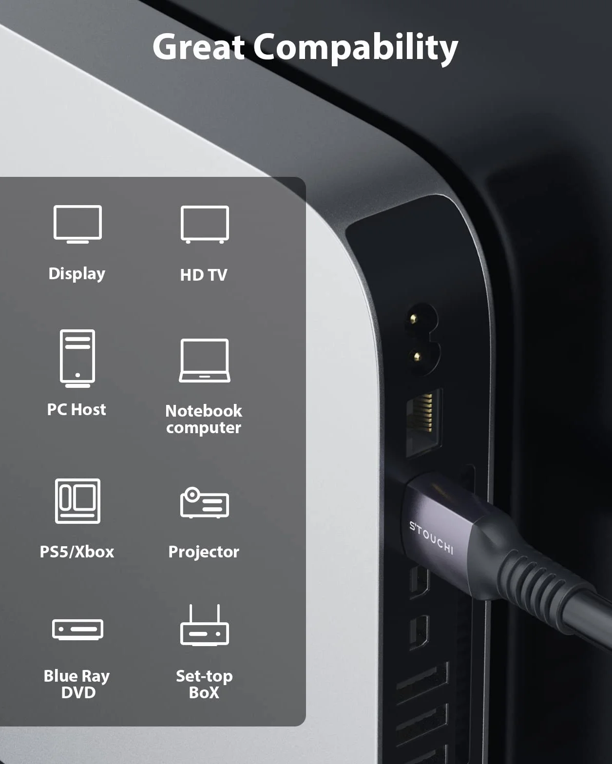 Stouchi 8K HDMI 2.1 kabel 5 m, CL3 In Wall Plenum-Rated High Speed Ultra HD 48 Gbps obsługa kabla 8K60 4K120 eARC RTX HDR10 4:4:4 HDCP 2.2&2.3 Dolby kompatybilny z PS5, Xbox Series X