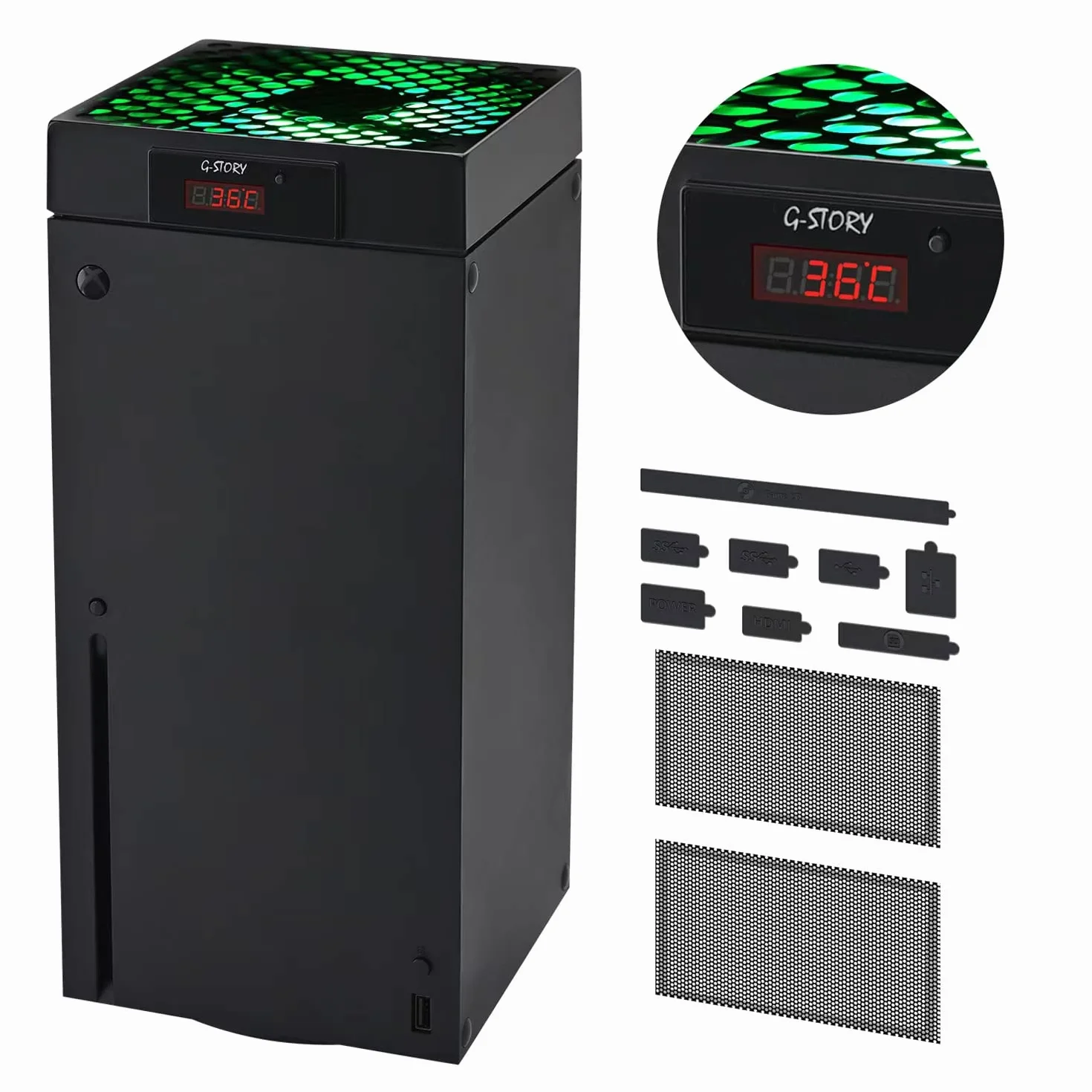 G-STORY Wentylator do Xbox Series X, prędkość wentylatora jest automatycznie regulowana przez temperaturę, dwie temperatury, cichy, 3 prędkości 1500/1750/2000 obr./min (140 mm) z RGB LED