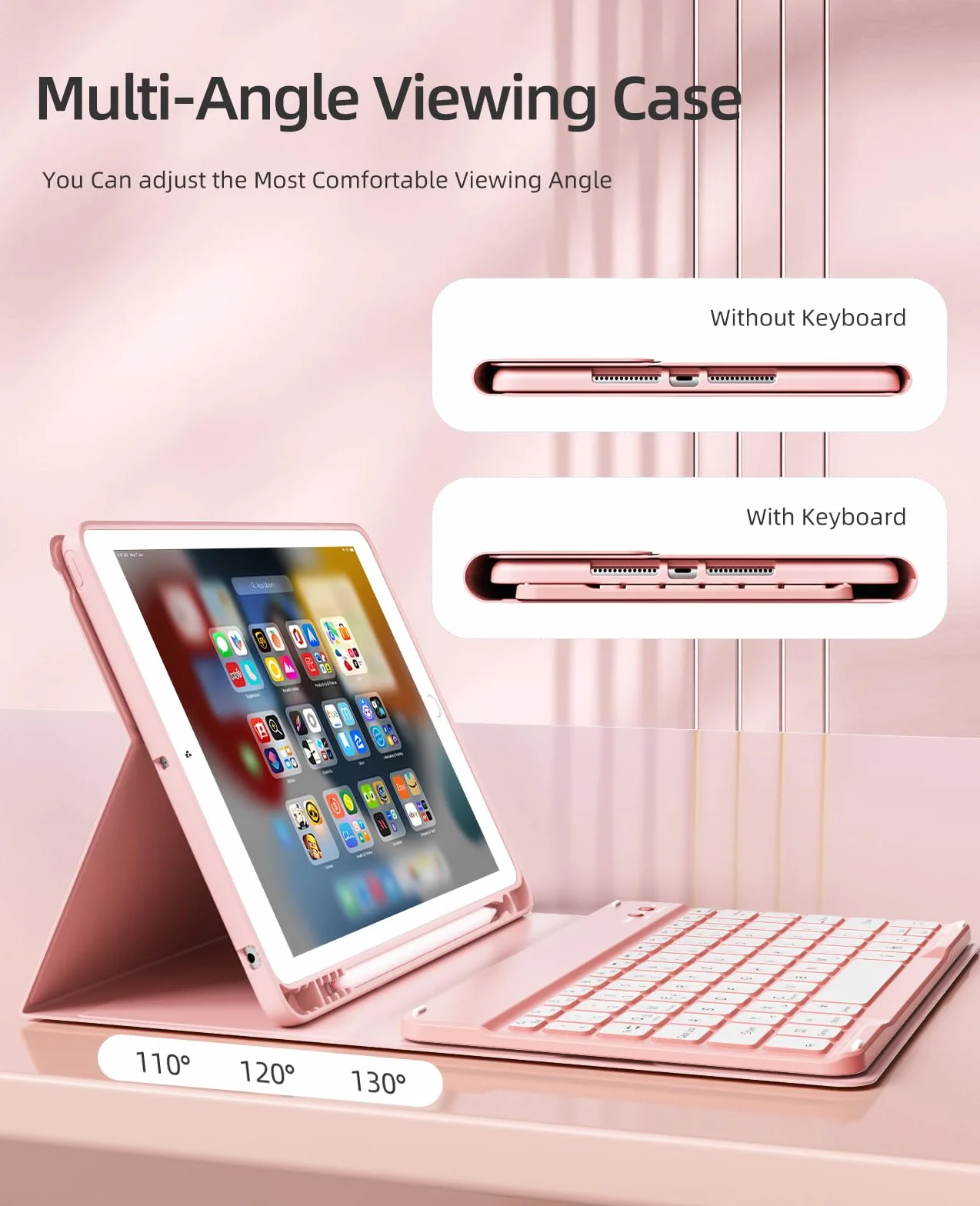 JKSML Etui na klawiaturę do iPada 9./ 8./ 7.generacji (2021/2020/2019) z uchwytem na rysik, miękkie etui ochronne z TPU, zdejmowana klawiatura Bluetooth QWERTZ do iPada 10,2 cala (różowe)