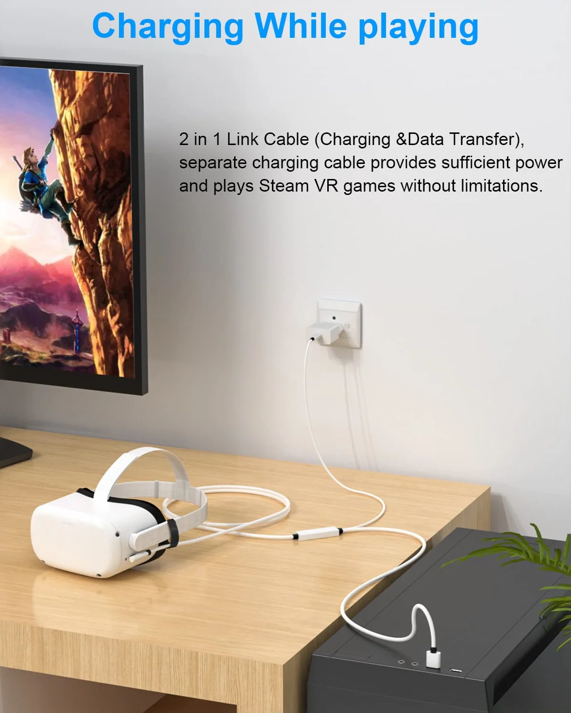 Kabel łączący 2 w 1, kompatybilny z Oculus/Meta Quest 2, z oddzielną funkcją ładowania USB C do zestawu słuchawkowego VR, 5 metrów, USB 3.0 na typ C, akcesoria do Steam VR/PC do gier