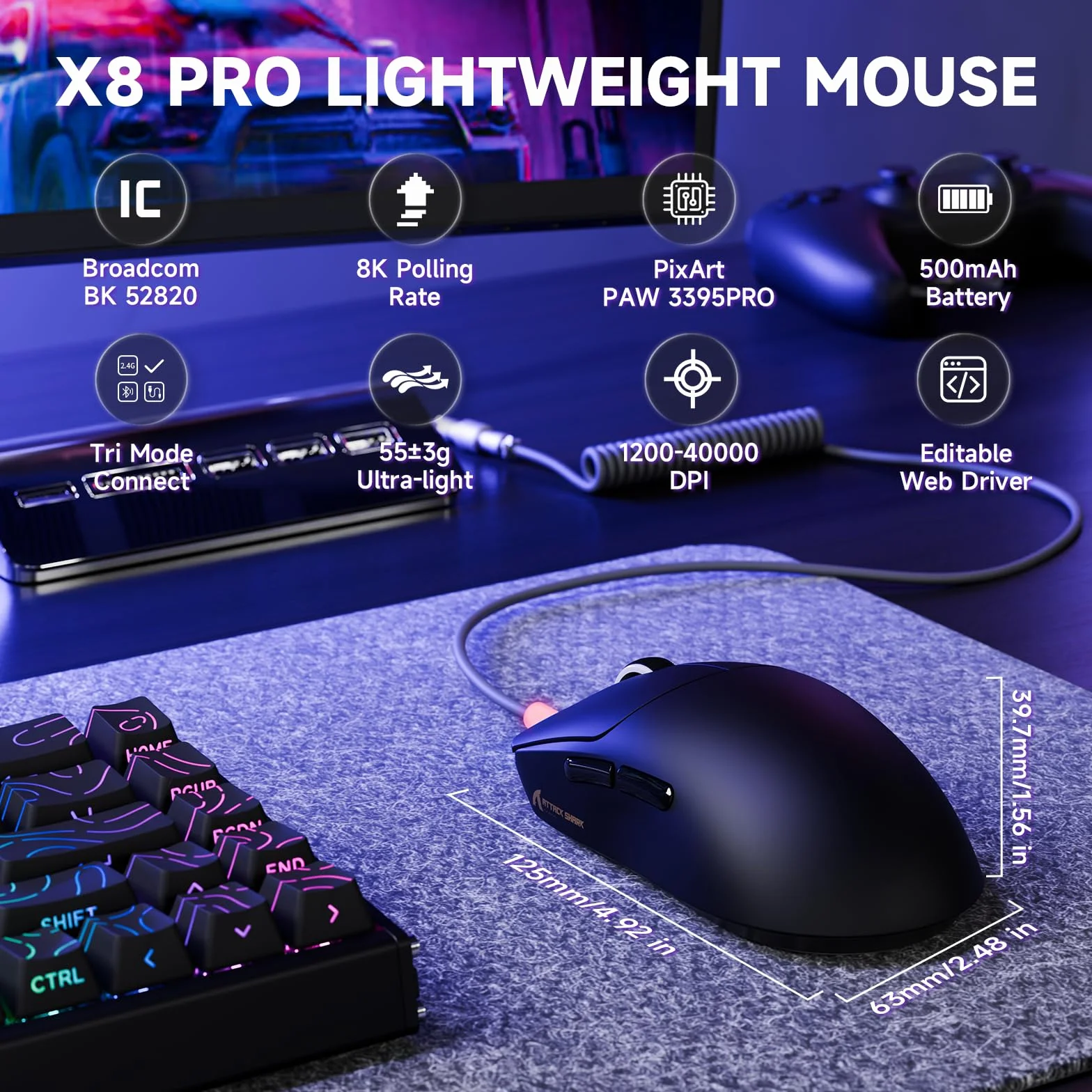 ATTACK SHARK X8PRO 55g Mysz bezprzewodowa do gier, ultralekka, spiralny kabel dla średnich i dużych dłoni, częstotliwość odświeżania 8 tys., 2,4 GHz/przewodowy/BT, 500mAH,40000 DPI-czarny