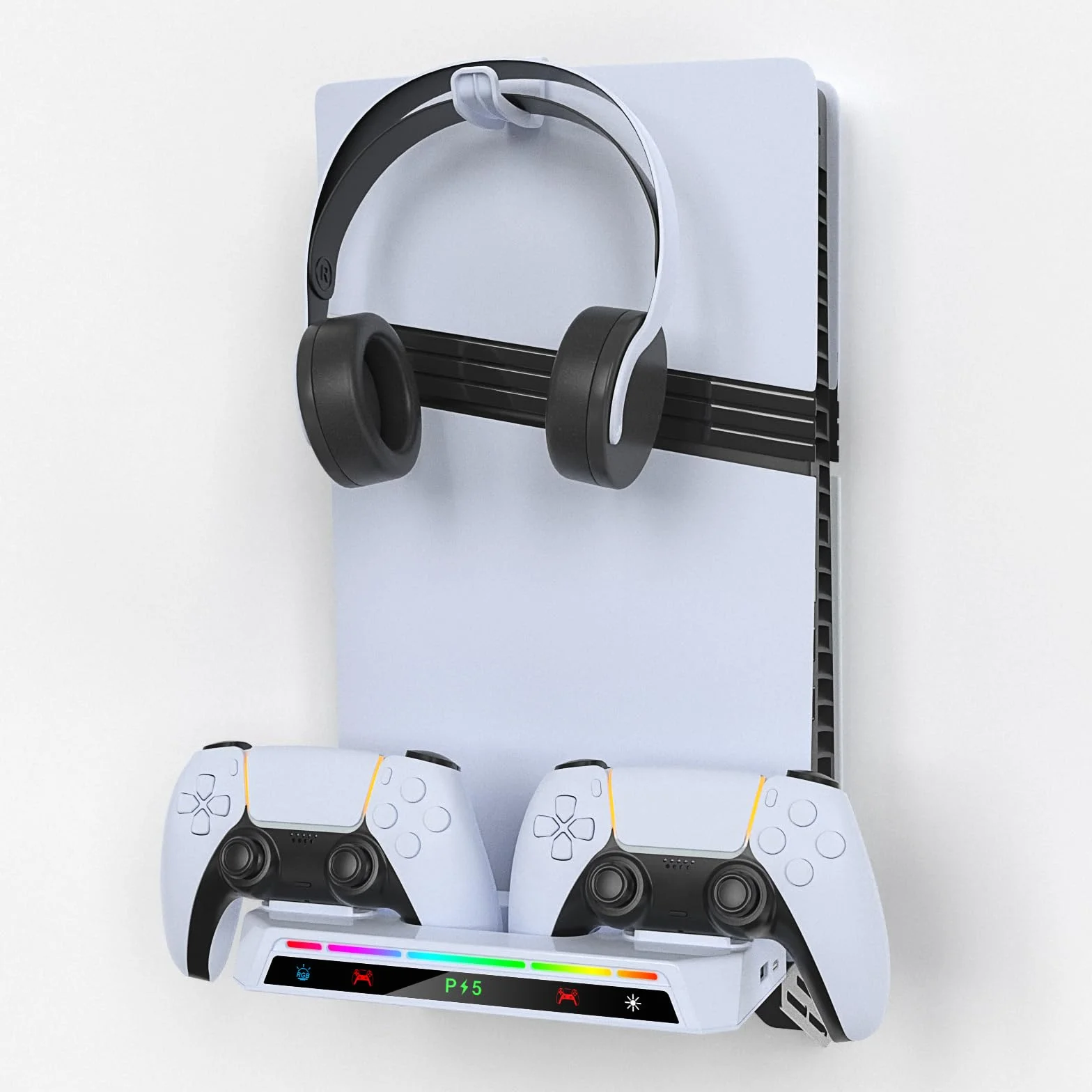 Uniwersalny stojak ścienny do PS5/PS5 Slim/ps5 Pro stojak na gamepad ładowanie wieszak na słuchawki z kontrolerem RGB Light Bar i słuchawkami uchwyt ścienny zestaw