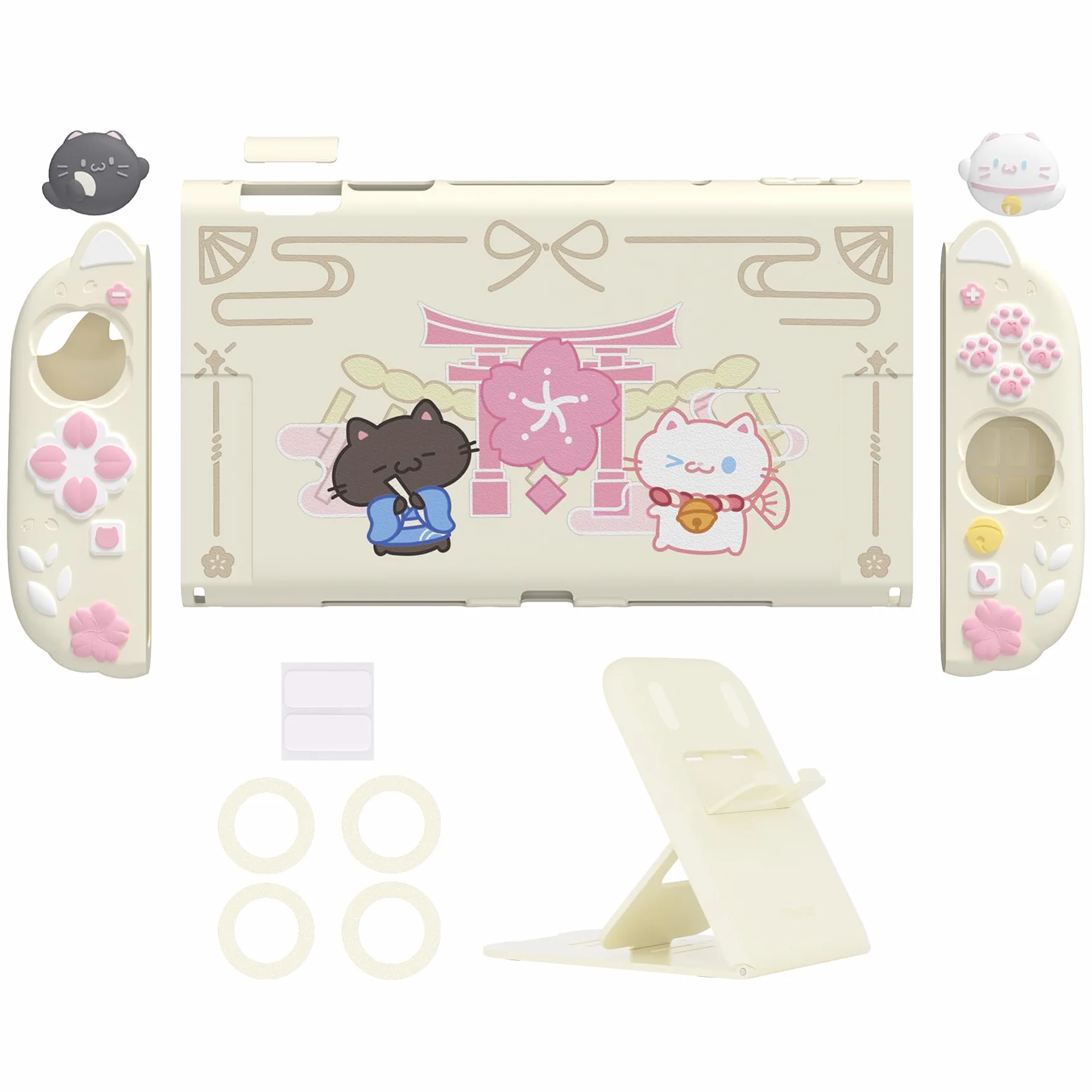PlayVital Etui do Switch 2 z Silikonowymi Uchwytami Joycon & Nakładkami Joysticki & Podstawką,Akcesorium Ochronne do Switch 2 Konsoli,Dockowalne Etui w Żółty Antyczny-Motyw Kociątko i Kwiaty Wiśni