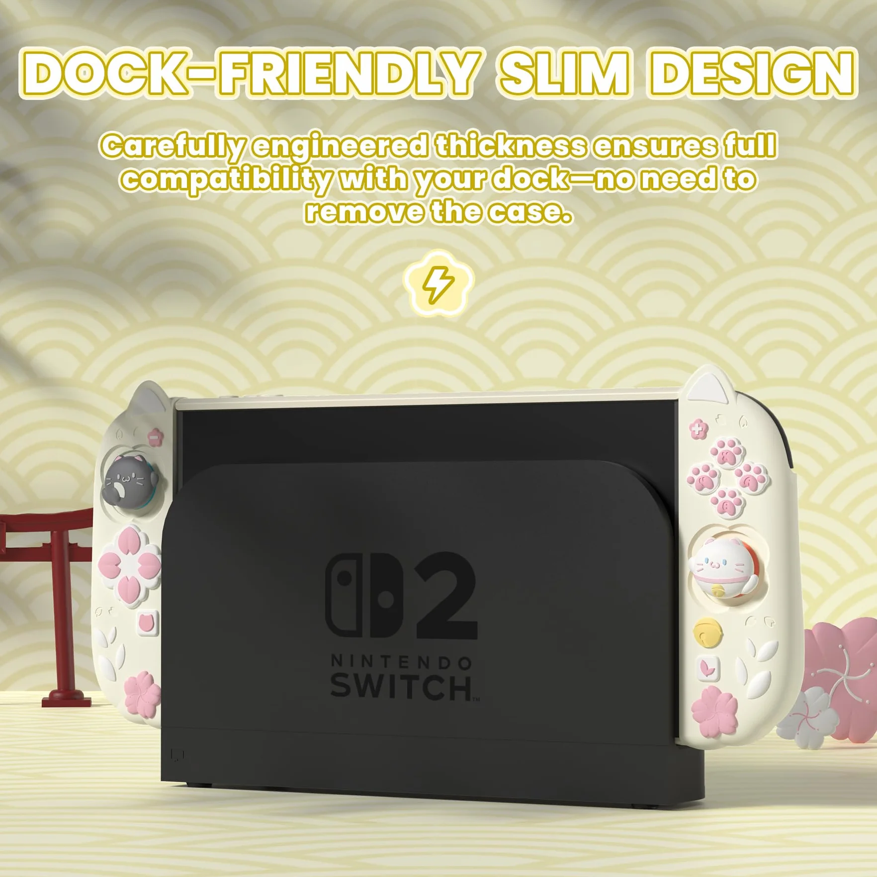 PlayVital Etui do Switch 2 z Silikonowymi Uchwytami Joycon & Nakładkami Joysticki & Podstawką,Akcesorium Ochronne do Switch 2 Konsoli,Dockowalne Etui w Żółty Antyczny-Motyw Kociątko i Kwiaty Wiśni