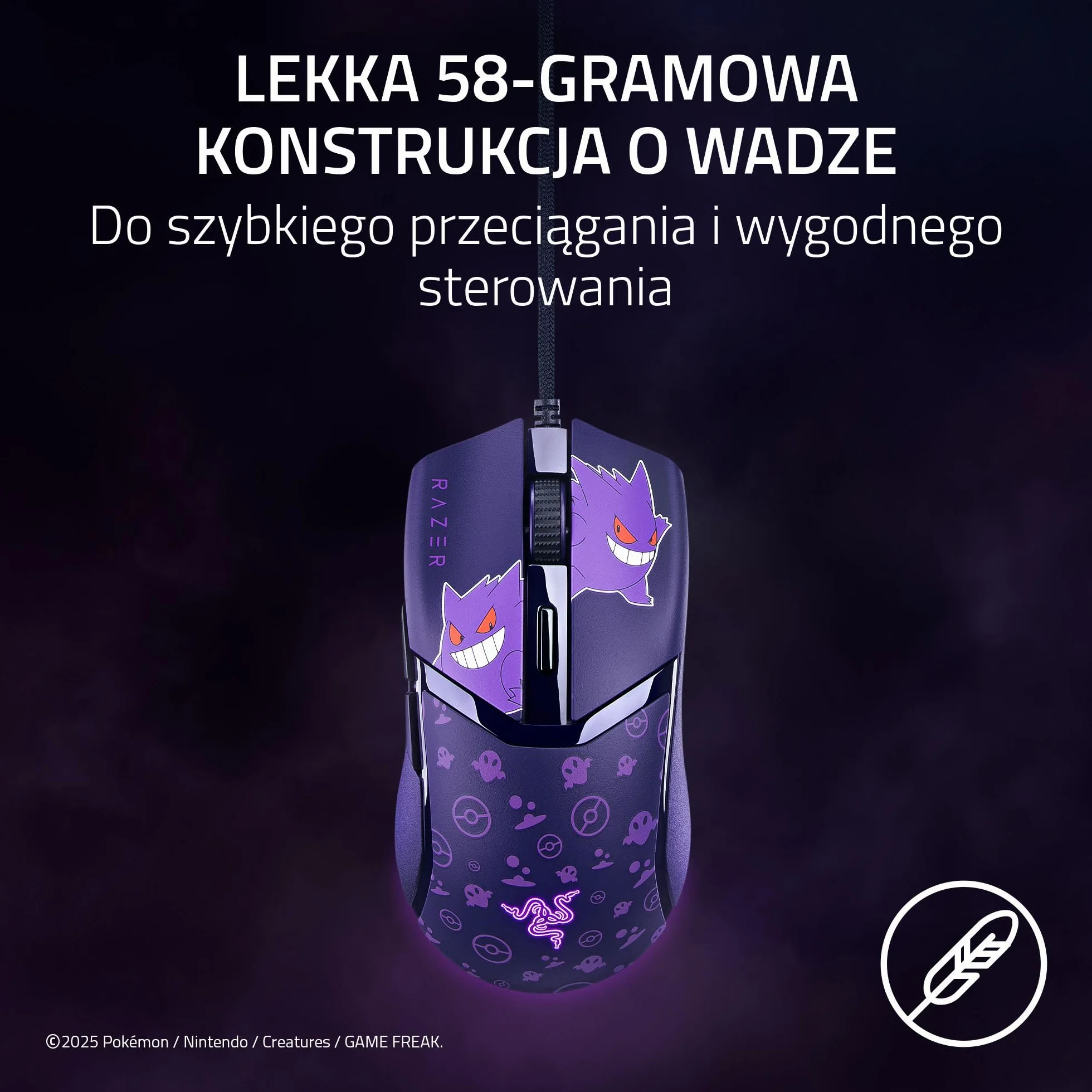 Razer Cobra Gengar Edition - Lekka przewodowa mysz do gier - Czujnik 8500 DPI - 58 g - Przełączniki optyczne trzeciej generacji - Podświetlenie Chroma - Kabel Speedflex - PC/MAC | Pokémon Gengar