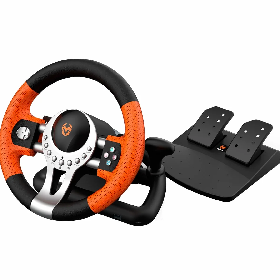 KROM K-DRIVER- Wieloplatformowy zestaw kierownicy i pedałów, dźwignia zmiany biegów i łopatki na kierownicy, efekt wibracji, kompatybilny PC, PS3, PS4 i XBOX, czarno-pomarańczowy