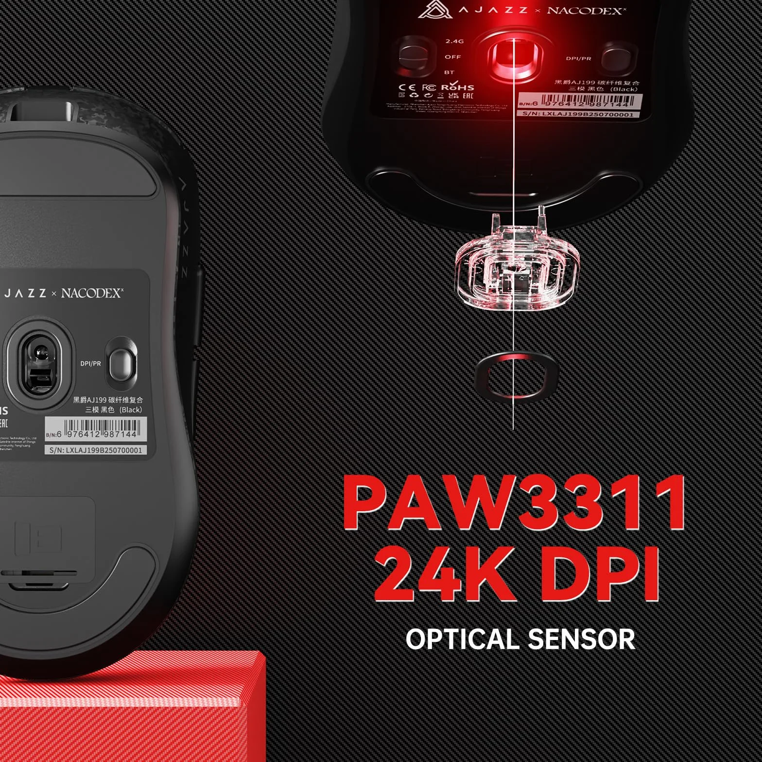 A.JAZZ AJ199 Mysz Gamingowa z Włókna Węglowego, Wireless 2,4G/BT/USB C, Ultralekka 55 g, Czujnik Optyczny PixArt PAW3311 z 24000 DPI i odpytywaniem 1000, 6 Programowalna Przyciskowa, PC/Mac - Czarna