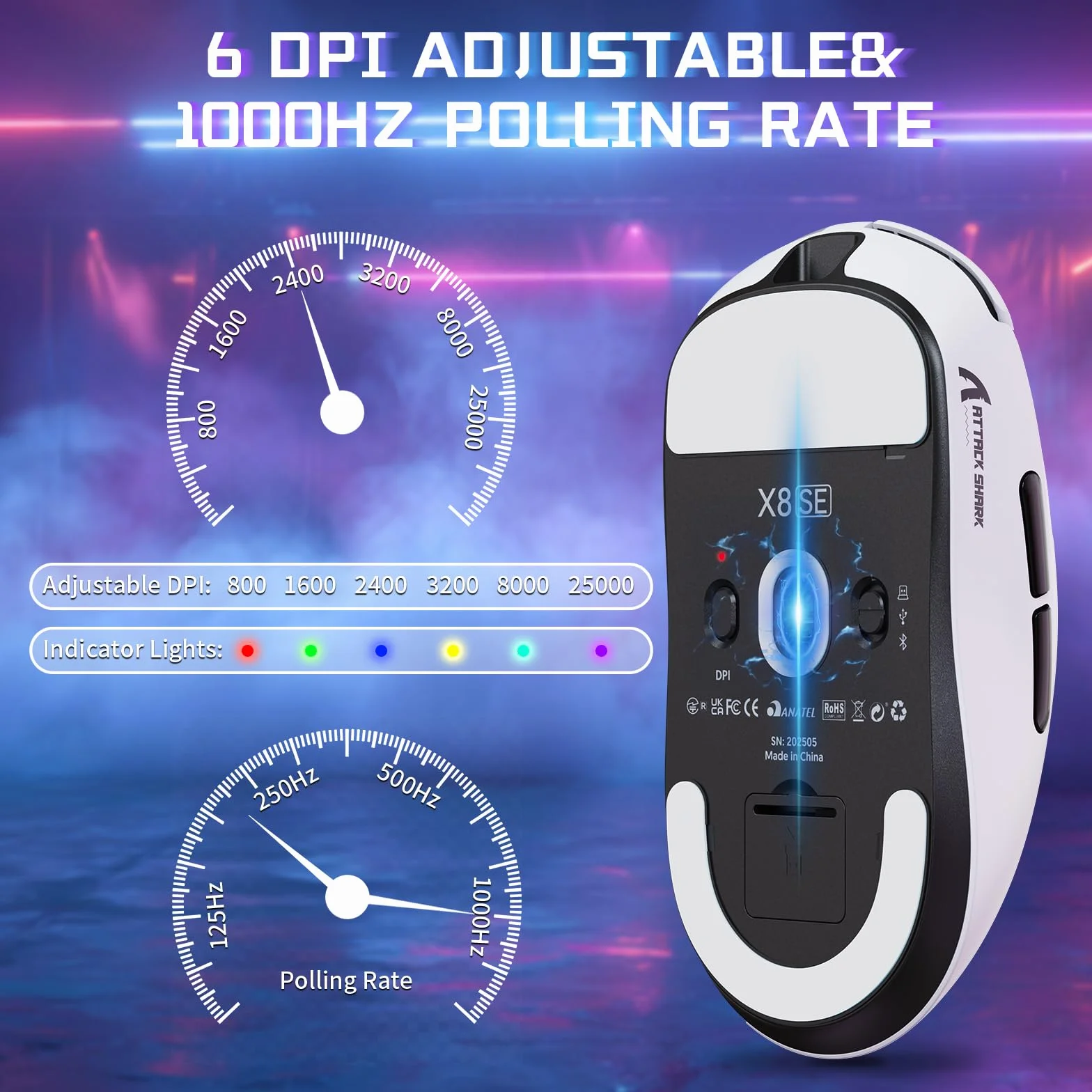 MAMBASNAKE X ATTACK SHARK X8SE Ultralekka bezprzewodowa mysz gamingowa 55g,25000DPI,sensor PixArt PAW3311,BT/2.4G/USB-C,żywotność 80 mln kliknięć,akceleracja 40G,500mAh,sterowniki online,Win/Mac–Biała