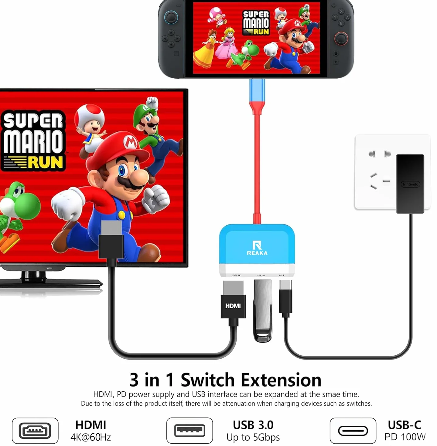 RREAKA Switch Dock do Nintendo Switch OLED, adapter TV 3 w 1 Switch z HDMI 4K, port USB 3.0, ładowanie typu C 100 W, przenośna stacja dokująca z przełącznikiem, do Samsung Dex S24, MacBook
