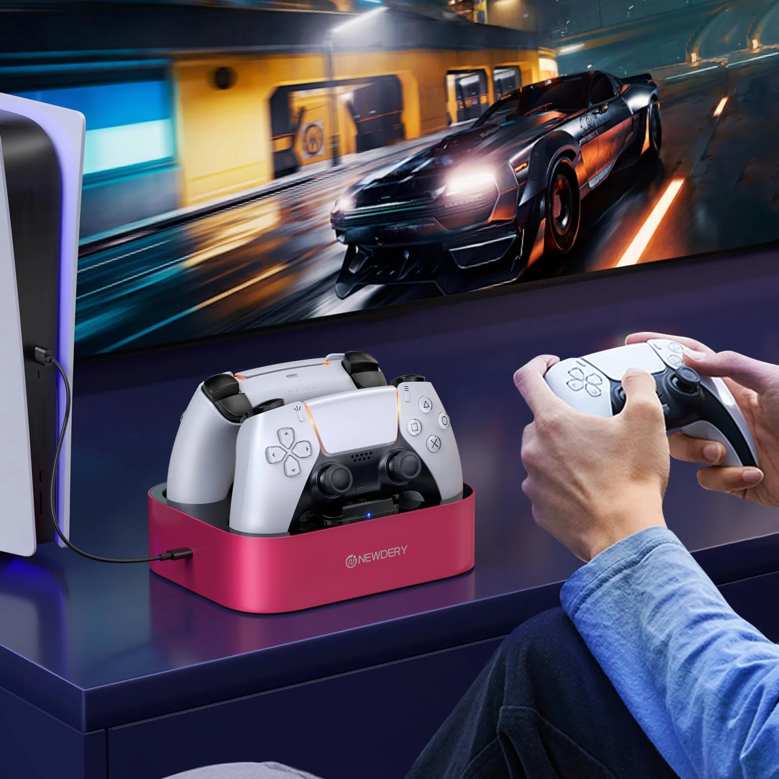 NEWDERY Stacja ładująca do kontrolera PS5 kompatybilna z Dualsense Edge, stojak do szybkiego ładowania z kablem, podwójna stacja ładująca do PlayStation 5 i Dual-Sense Edge