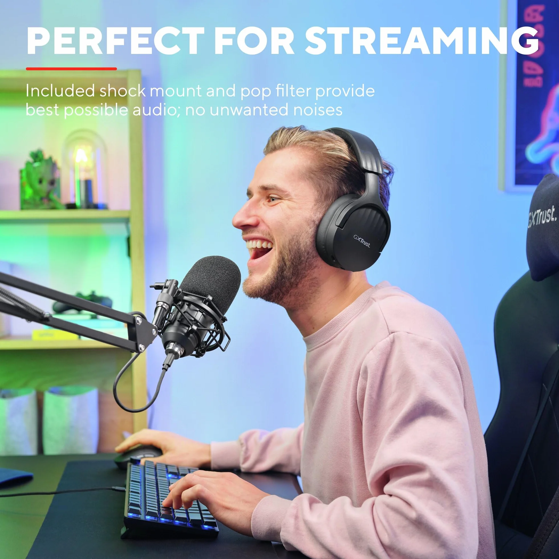 Trust Gaming GXT 252+ Emita Profesjonalny Mikrofon Studyjny z Ramieniem, Pop Filter i Kosz Antywibracyjny, Mikrofon Komputerowy USB z Wysięgnikiem, Podcast, ASMR, Nagrywanie Muzyki, Streaming, Gry