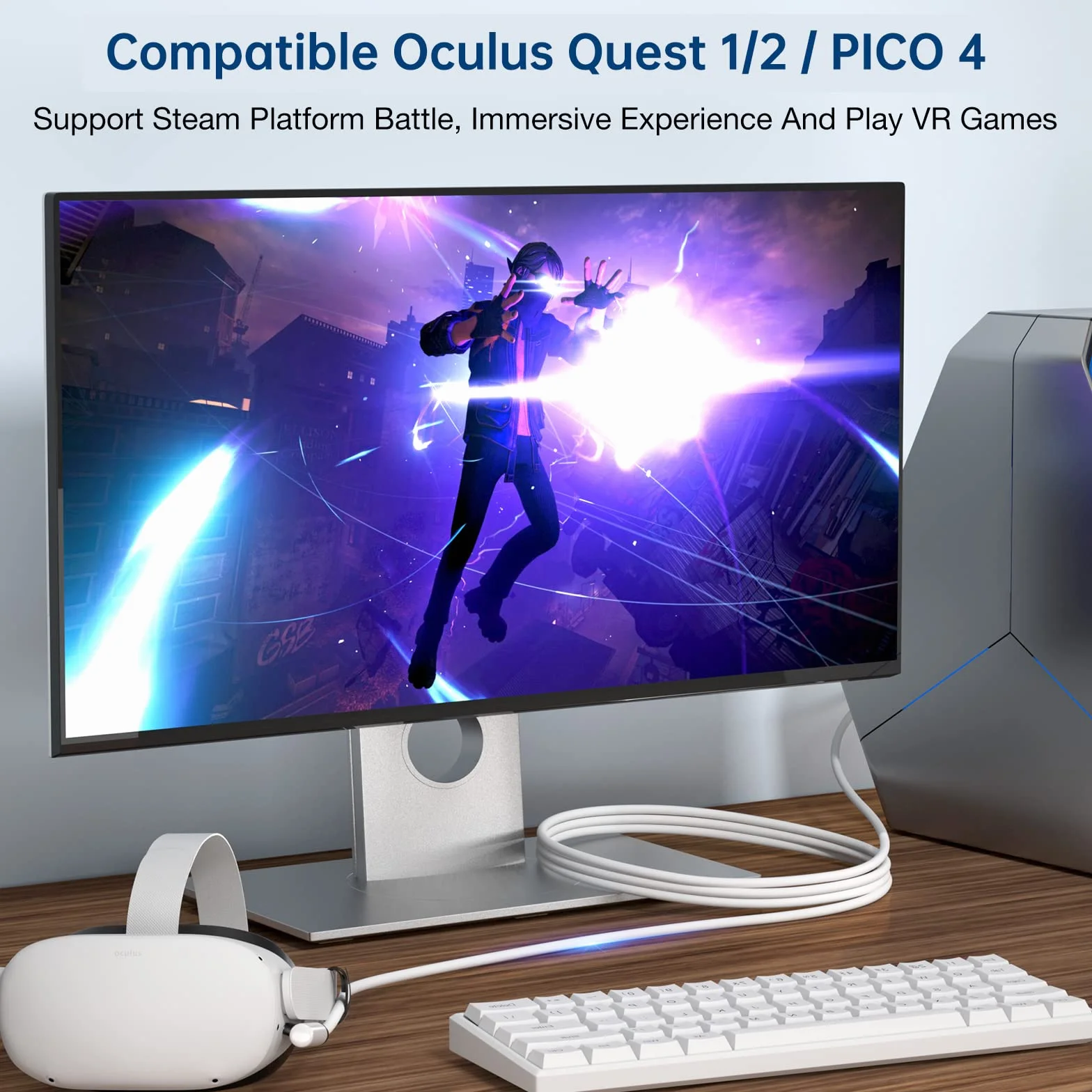 Kabel łączący 5 m kompatybilny z akcesoriami Oculus Meta Quest 3, Quest 2/Pro/Pico 4 i komputerem PC/Steam VR, przewód ładujący Kabel USB 3.1 na USB C do zestawu słuchawkowego VR i komputera do gier