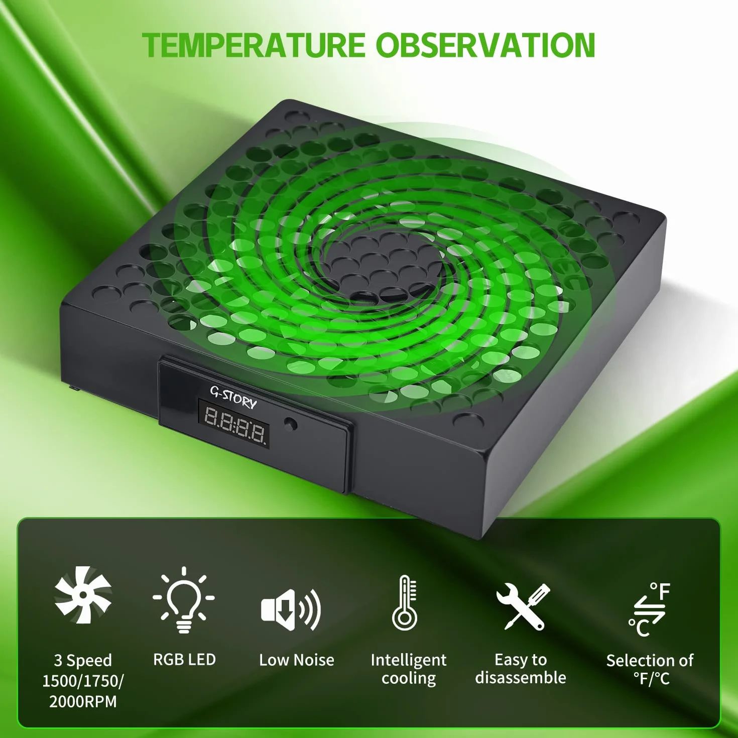 G-STORY Wentylator do Xbox Series X, prędkość wentylatora jest automatycznie regulowana przez temperaturę, dwie temperatury, cichy, 3 prędkości 1500/1750/2000 obr./min (140 mm) z RGB LED