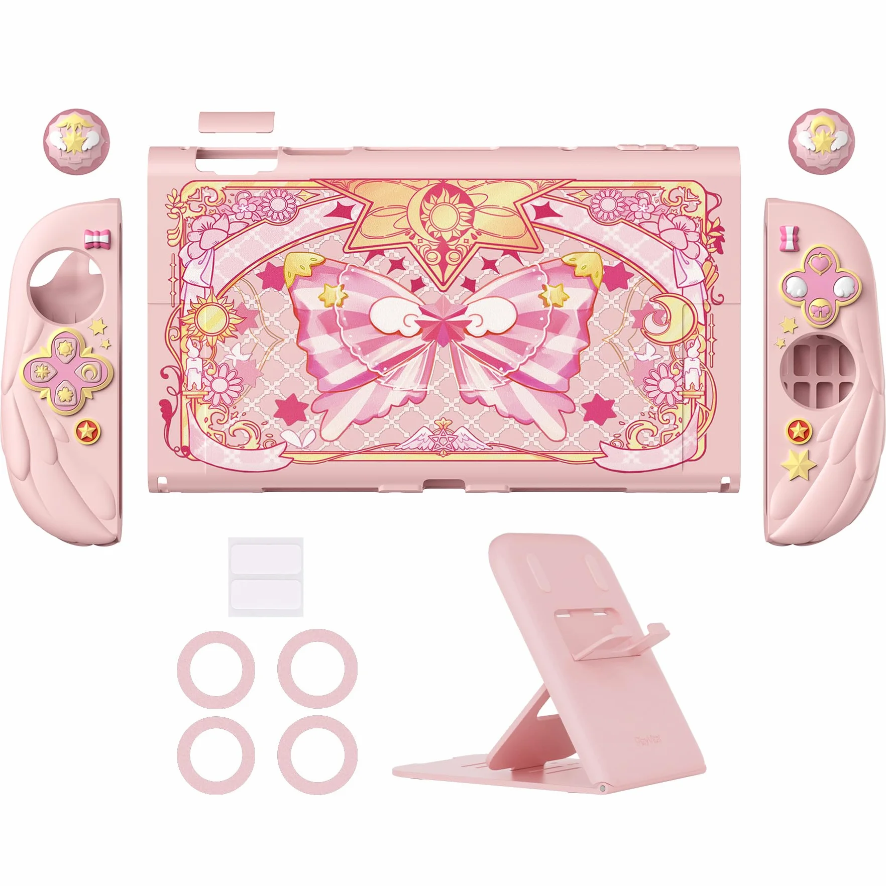 PlayVital Etui Ochronne do Switch 2 z Silikonowymi Osłonami Joycon, Różowe, Styl Magiczne Skrzydła