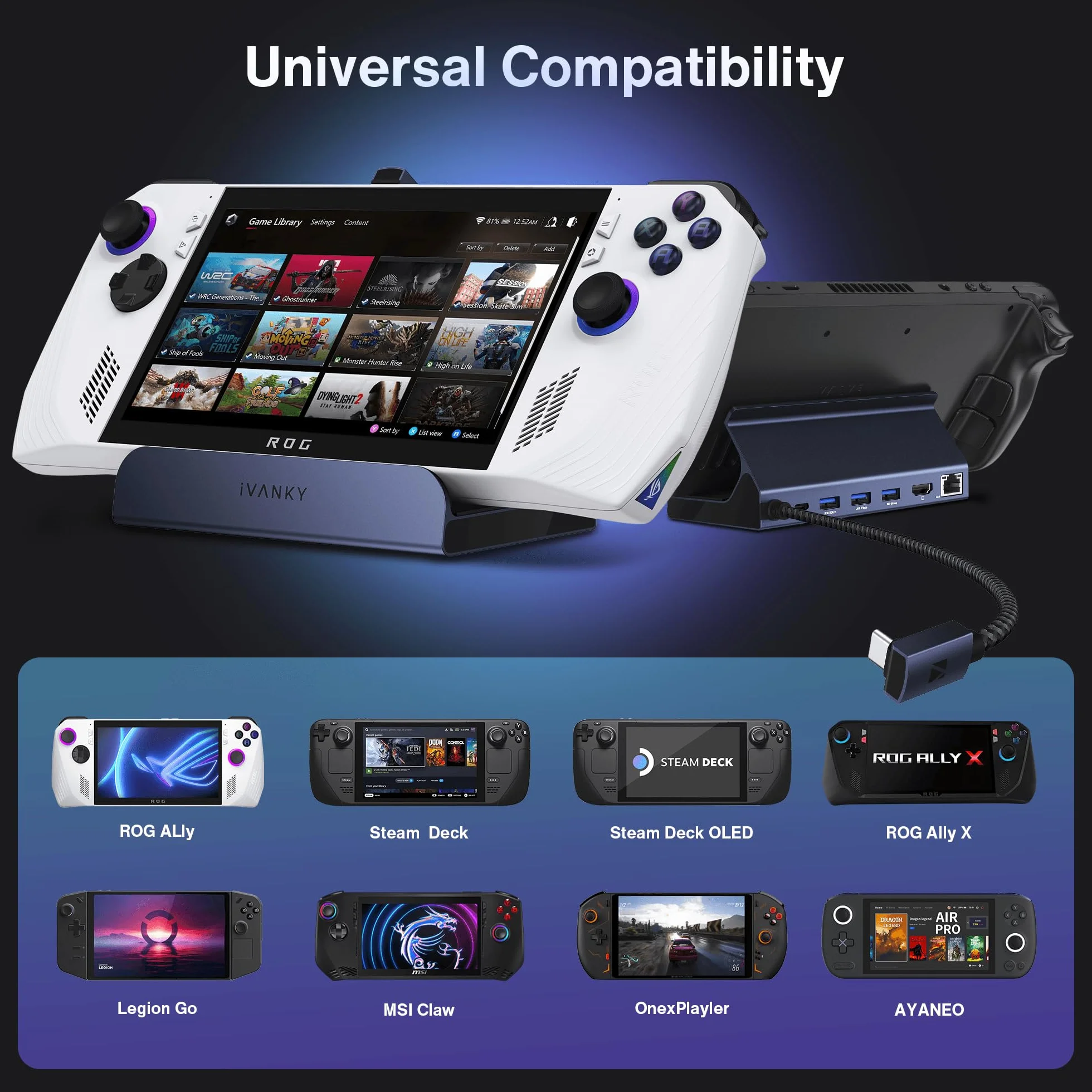 iVANKY 8-w-1 ROG Ally Dock z HDMI 2.1 4K@120Hz, 1Gbps Ethernet, 3 * USB-A 3.0, 100W ładowanie USB-C, Stacja Dokująca Kompatybilna z ASUS ROG Alloy/Lenovo Legion go/Valve Steam Deck