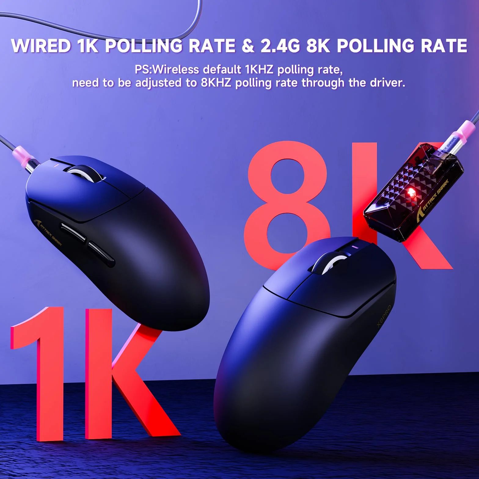 ATTACK SHARK X8PRO 55g Mysz bezprzewodowa do gier, ultralekka, spiralny kabel dla średnich i dużych dłoni, częstotliwość odświeżania 8 tys., 2,4 GHz/przewodowy/BT, 500mAH,40000 DPI-czarny