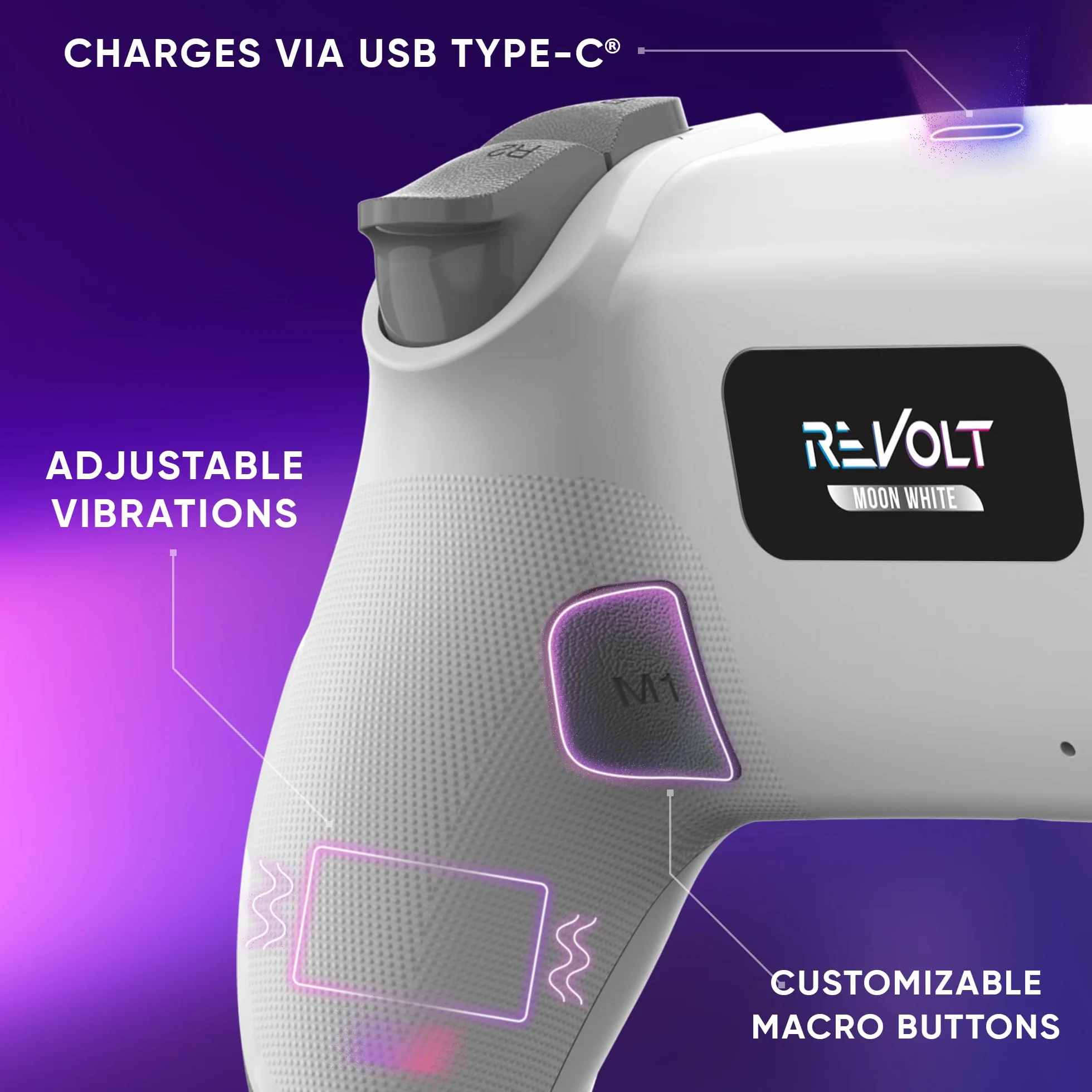 Oniverse Bezprzewodowy kontroler do PS4 PS3 PC Android iOS, gniazdo słuchawkowe, joystick z efektem hali, akumulator 1000 mAh, przyciski makro, funkcja budzenia, 6-osiowy żyroskop, Revolt White