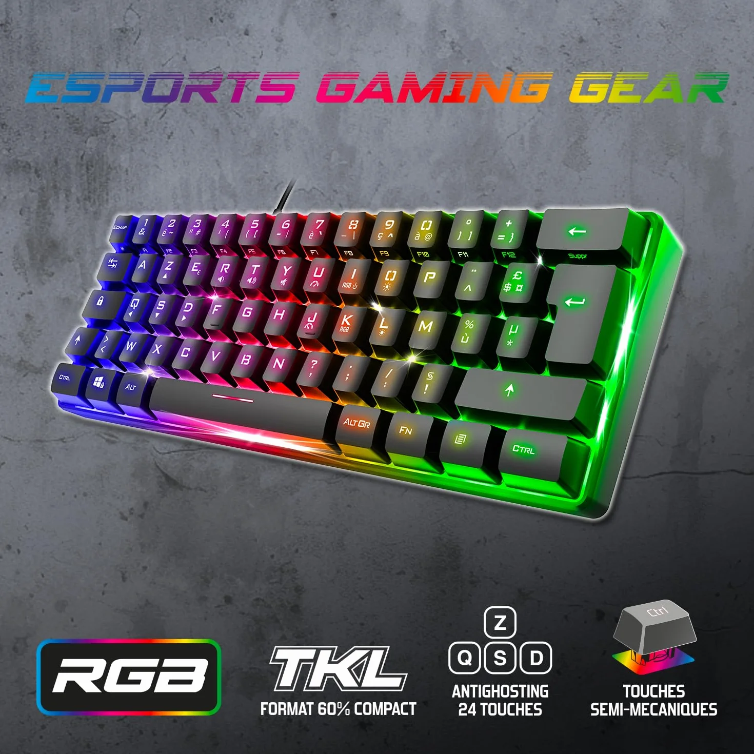 Spirit Of Gamer - Pro K2, pół-mechaniczna przewodowa klawiatura gamingowa, kompaktowy format TKL 60%, 62 klawisze, w tym 24 antyghosting, tęczowe podświetlenie RGB, regulowana wysokość, czarna