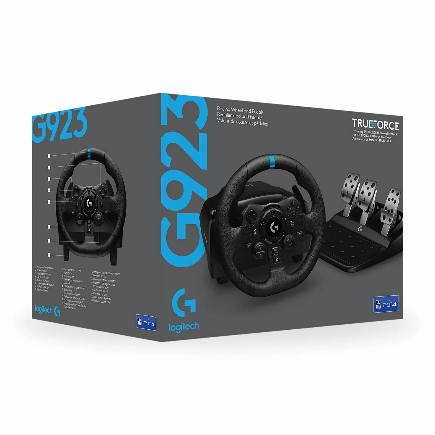Logitech G G923 Kierownica wyścigowa i pedały, siłowe sprzężenie zwrotne TRUEFORCE 1000 Hz, responsywna forma kierowania, podwójne sterowanie uruchamianiem sprzęgła, skóry, PS5, PS4, PC, Mac - Czarny