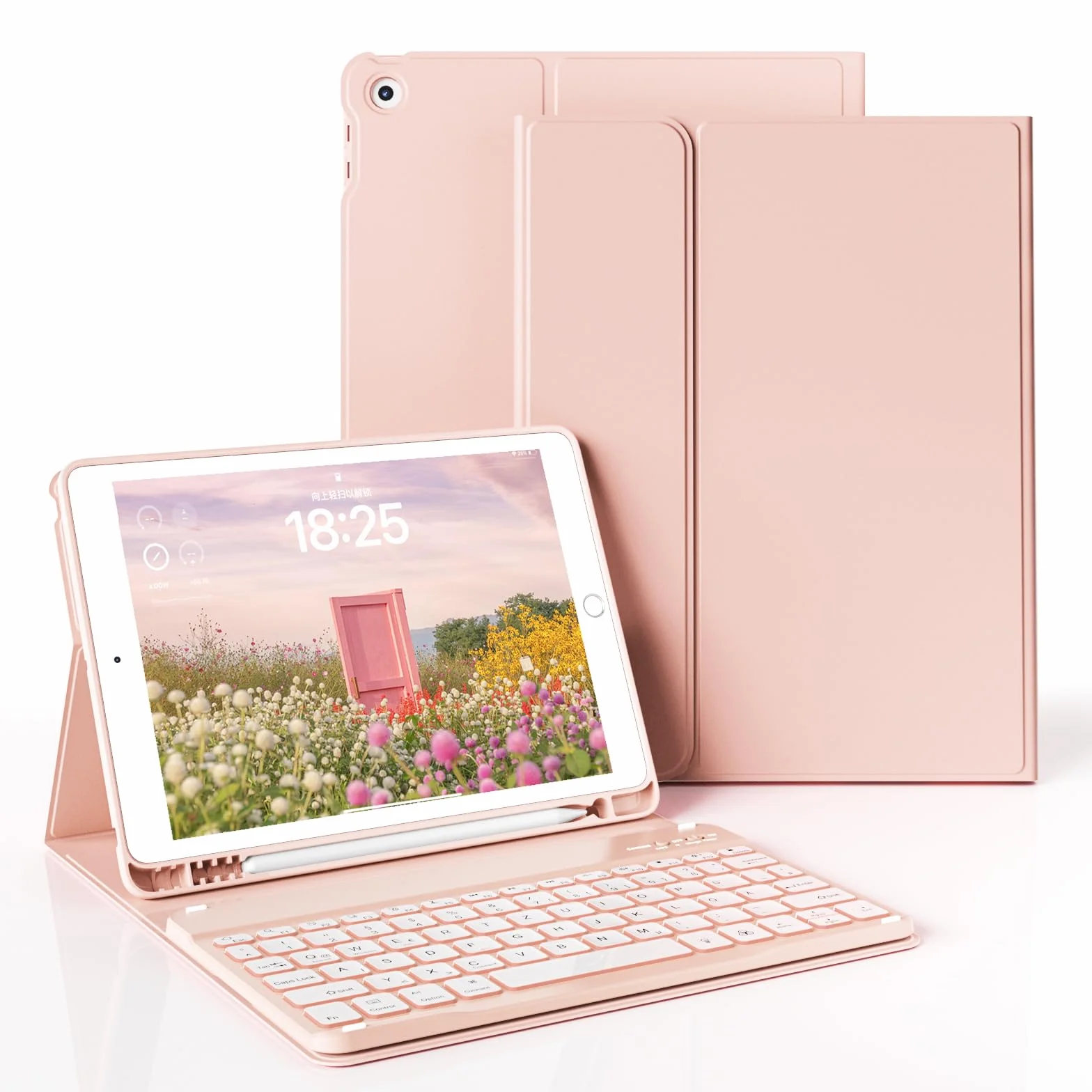 JKSML Etui na klawiaturę do iPada 9./ 8./ 7.generacji (2021/2020/2019) z uchwytem na rysik, miękkie etui ochronne z TPU, zdejmowana klawiatura Bluetooth QWERTZ do iPada 10,2 cala (różowe)