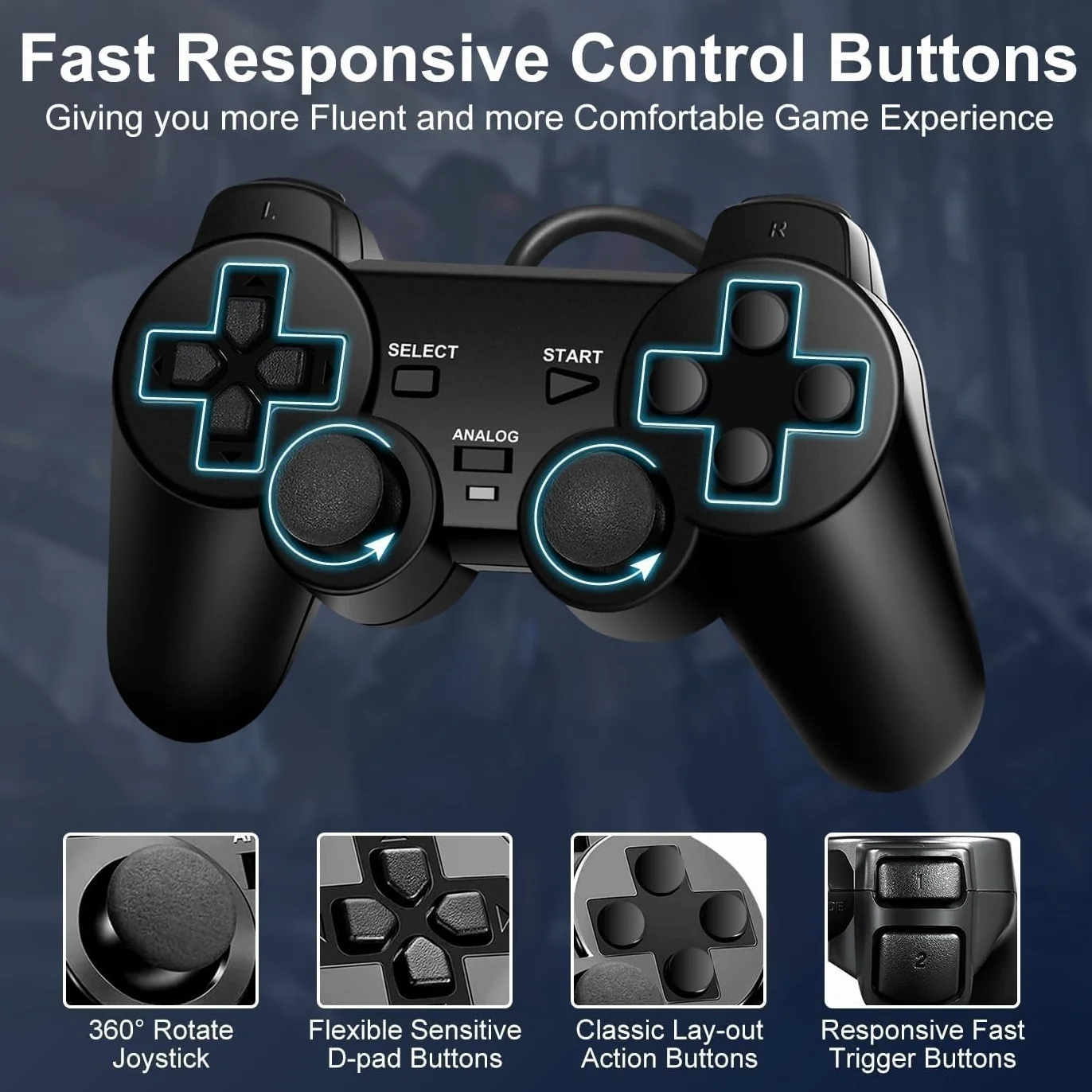 FLLAGG20 2X Kontroler PS2 Gamepad z kablem kompatybilny z grami wideo Controller PS2 Ps1 Ps one PSX Joypad