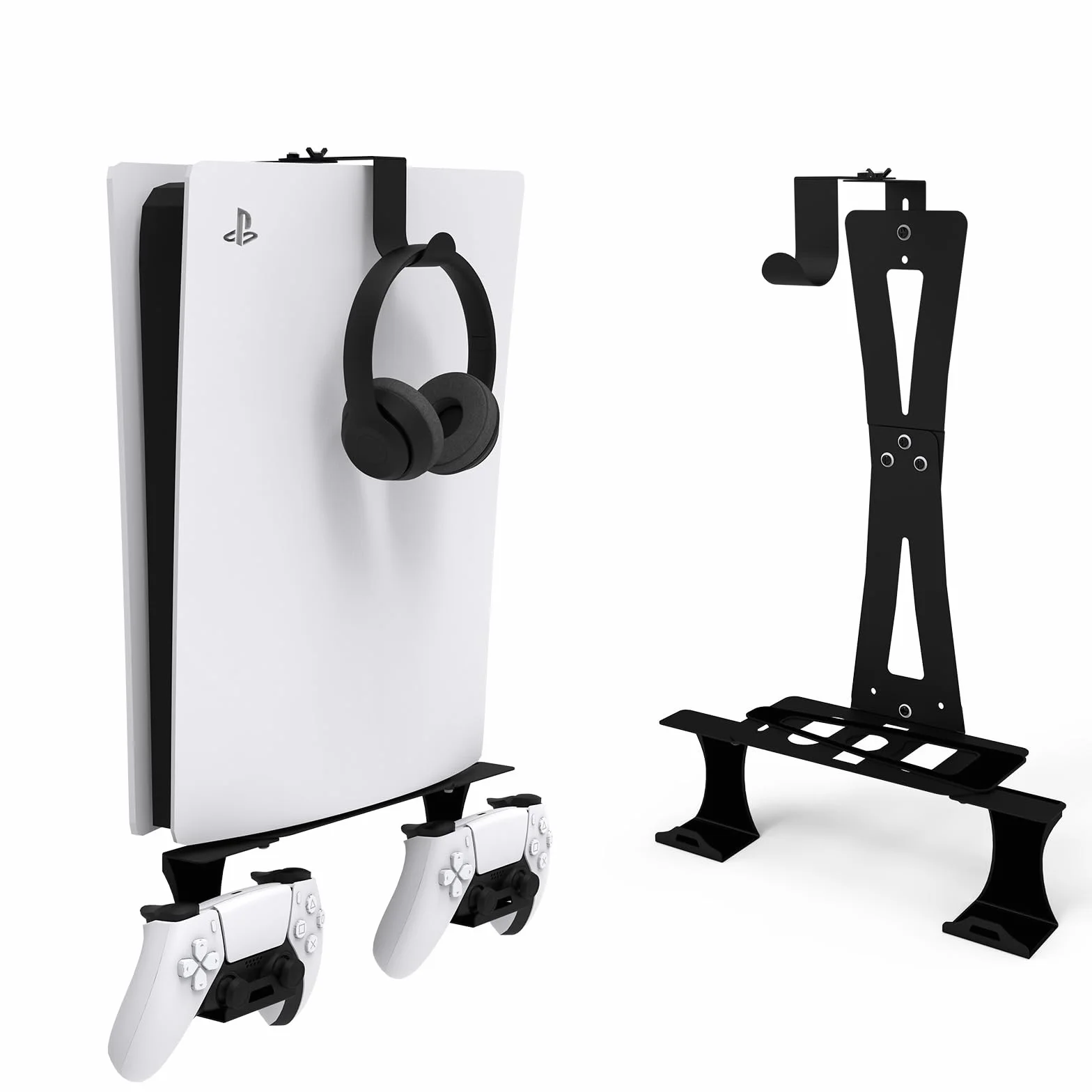 Uchwyt ścienny do PS5/PS5 Slim/PS5 Pro, uchwyt na konsolę PS5/PS5 Slim/PS5 Pro z uchwytem na kontroler i słuchawkami, akcesoria do PS5 z litego metalu, czarny