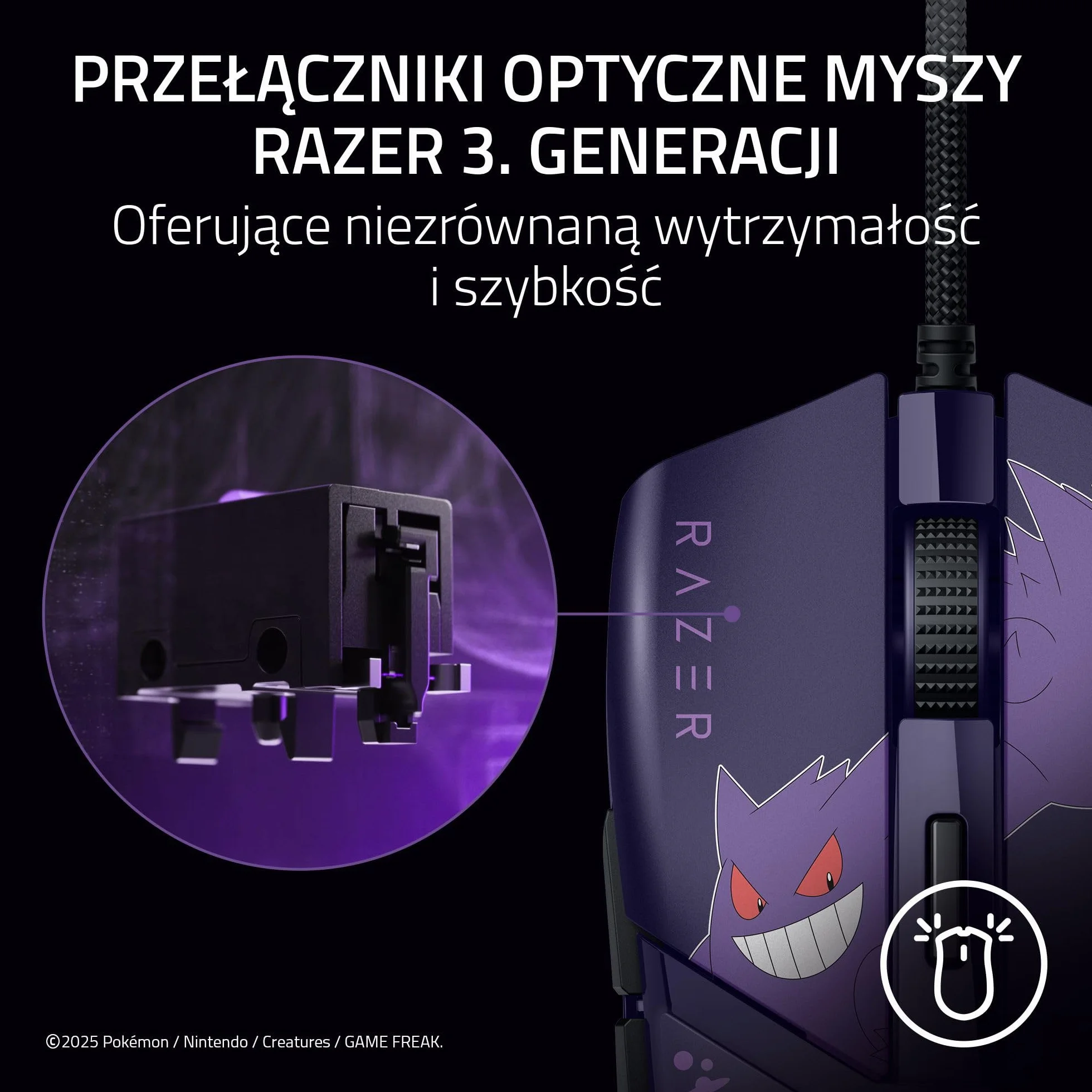 Razer Cobra Gengar Edition - Lekka przewodowa mysz do gier - Czujnik 8500 DPI - 58 g - Przełączniki optyczne trzeciej generacji - Podświetlenie Chroma - Kabel Speedflex - PC/MAC | Pokémon Gengar