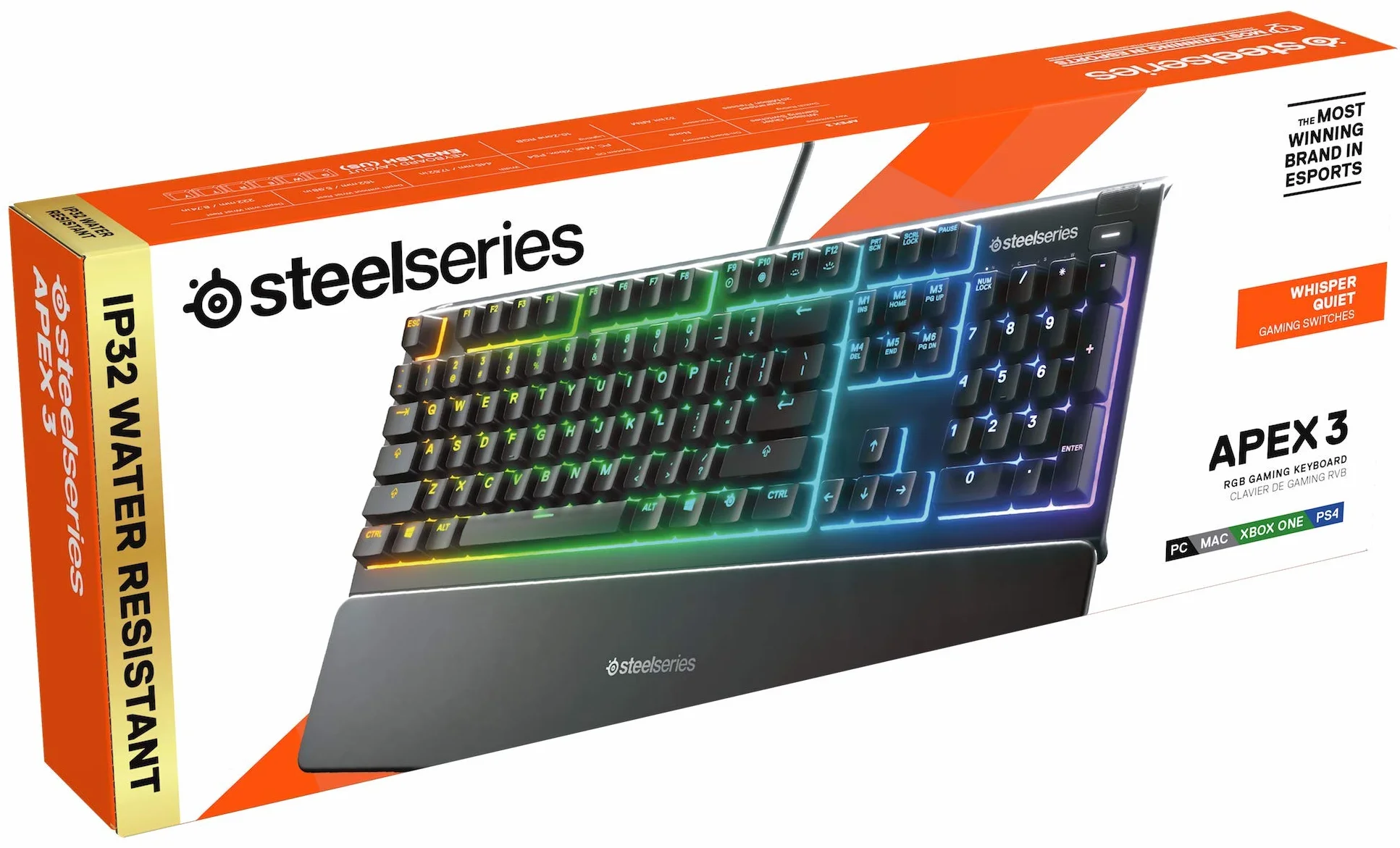 SteelSeries Apex 3 - klawiatura do gier RGB - 10-strefowe podświetlenie RGB - magnetyczna podpórka pod nadgarstki Premium - amerykański układ QWERTY, czarna