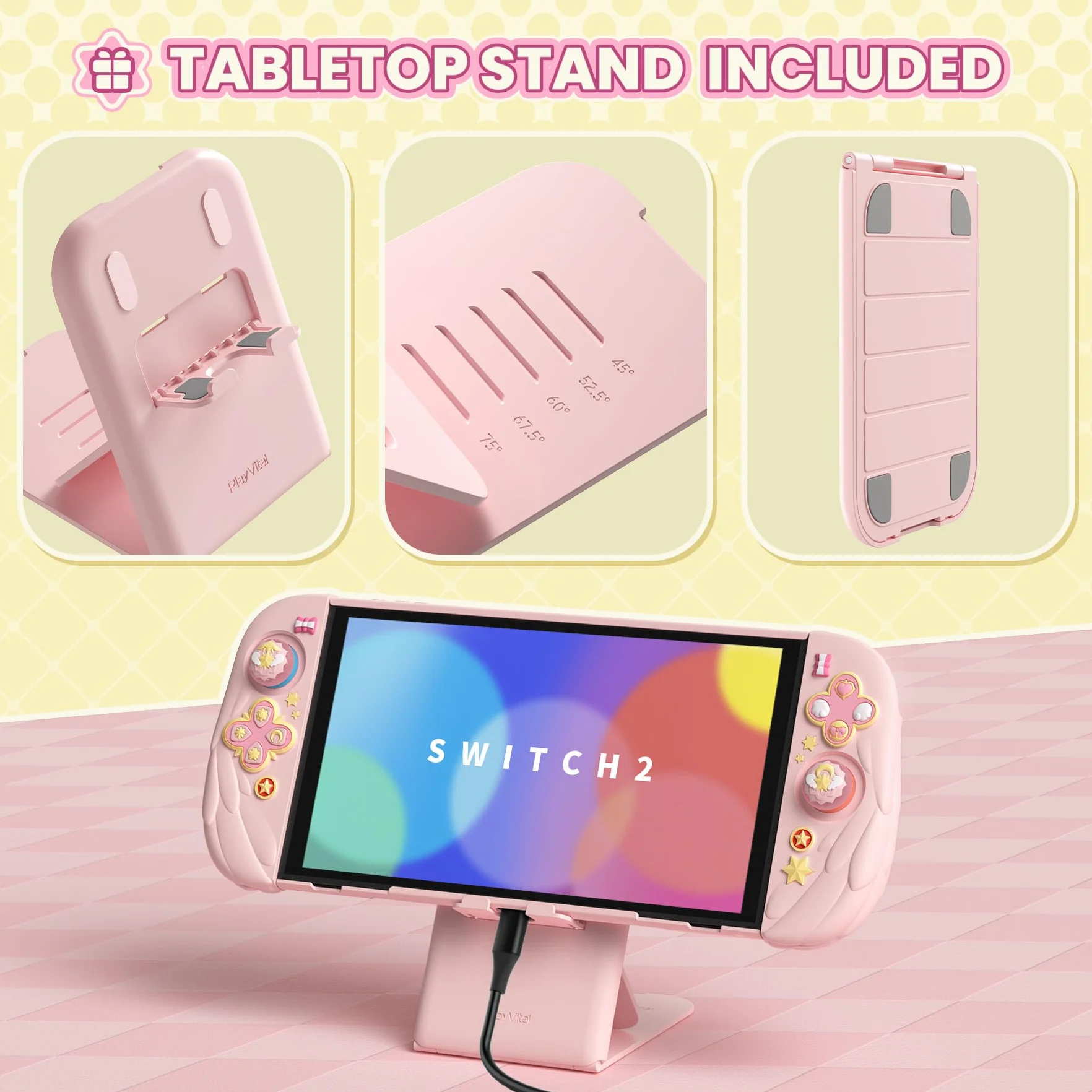 PlayVital Etui Ochronne do Switch 2 z Silikonowymi Osłonami Joycon, Różowe, Styl Magiczne Skrzydła