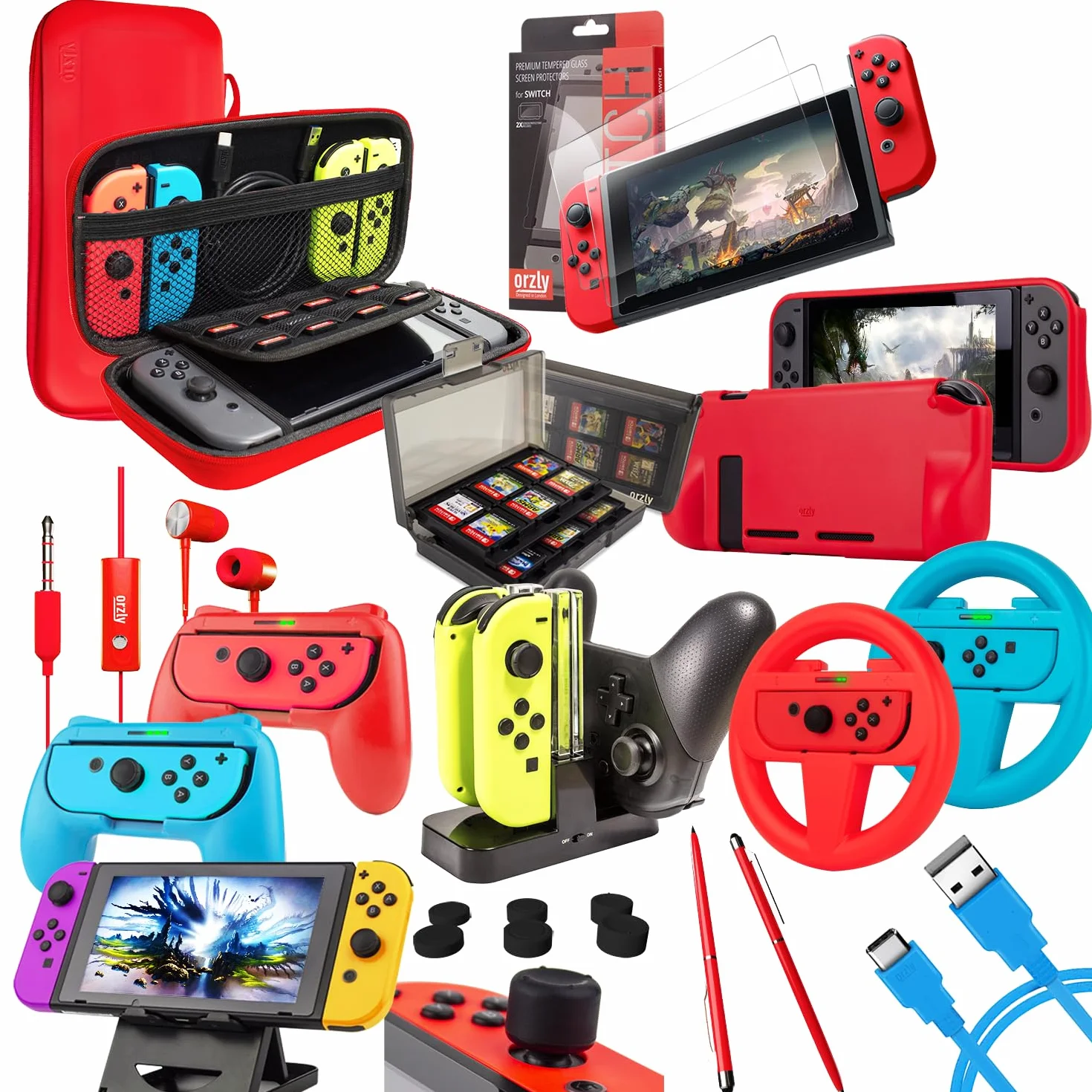 Zestaw akcesoriów do Switcha - Orzly Geek Pack dla Nintendo Switch: Etui i osłona ekranu, uchwyty do Joycon i koła wyścigowe, stacje ładowania tabletu i kontrolera Switcha i więcej [15w1] w kolorze.