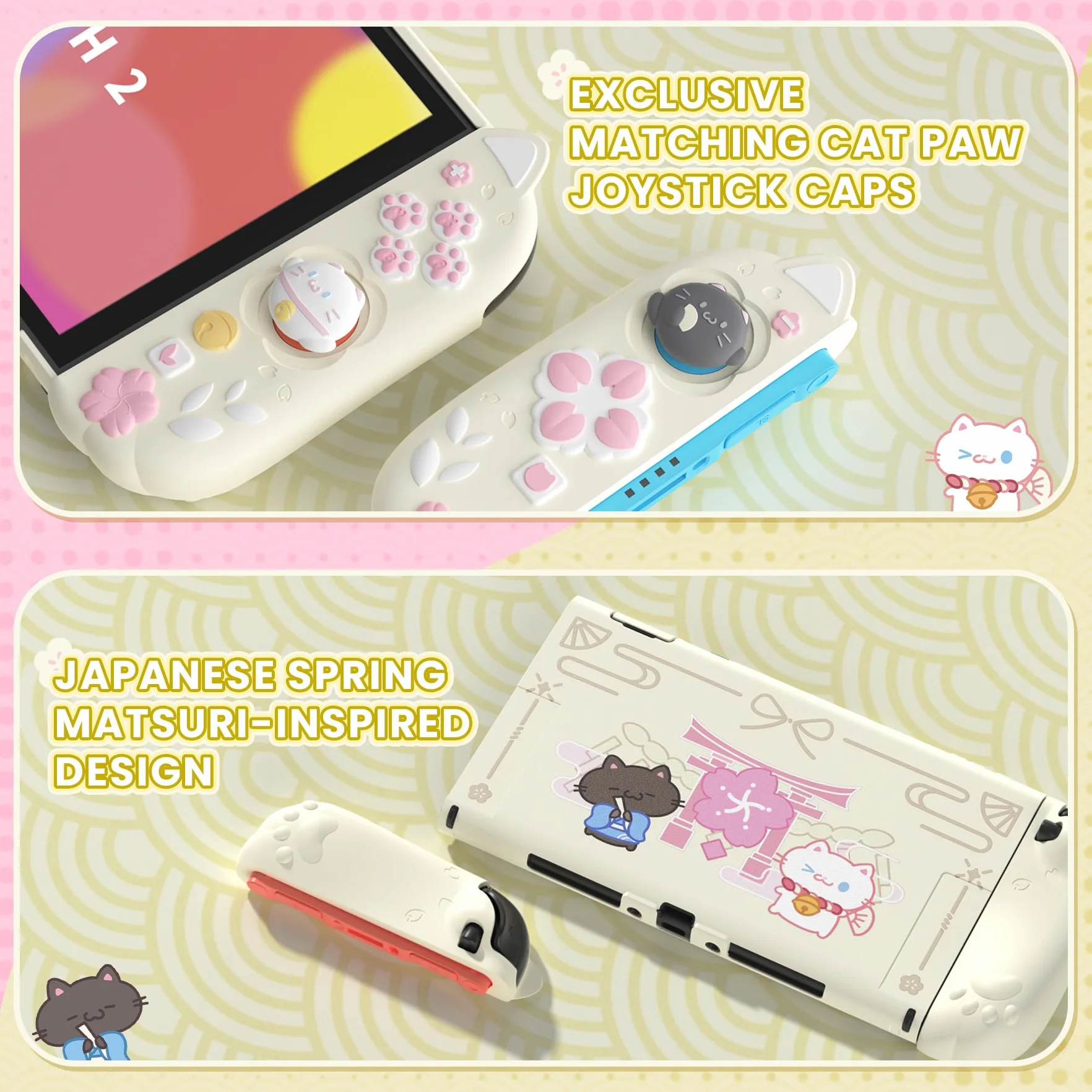 PlayVital Etui do Switch 2 z Silikonowymi Uchwytami Joycon & Nakładkami Joysticki & Podstawką,Akcesorium Ochronne do Switch 2 Konsoli,Dockowalne Etui w Żółty Antyczny-Motyw Kociątko i Kwiaty Wiśni
