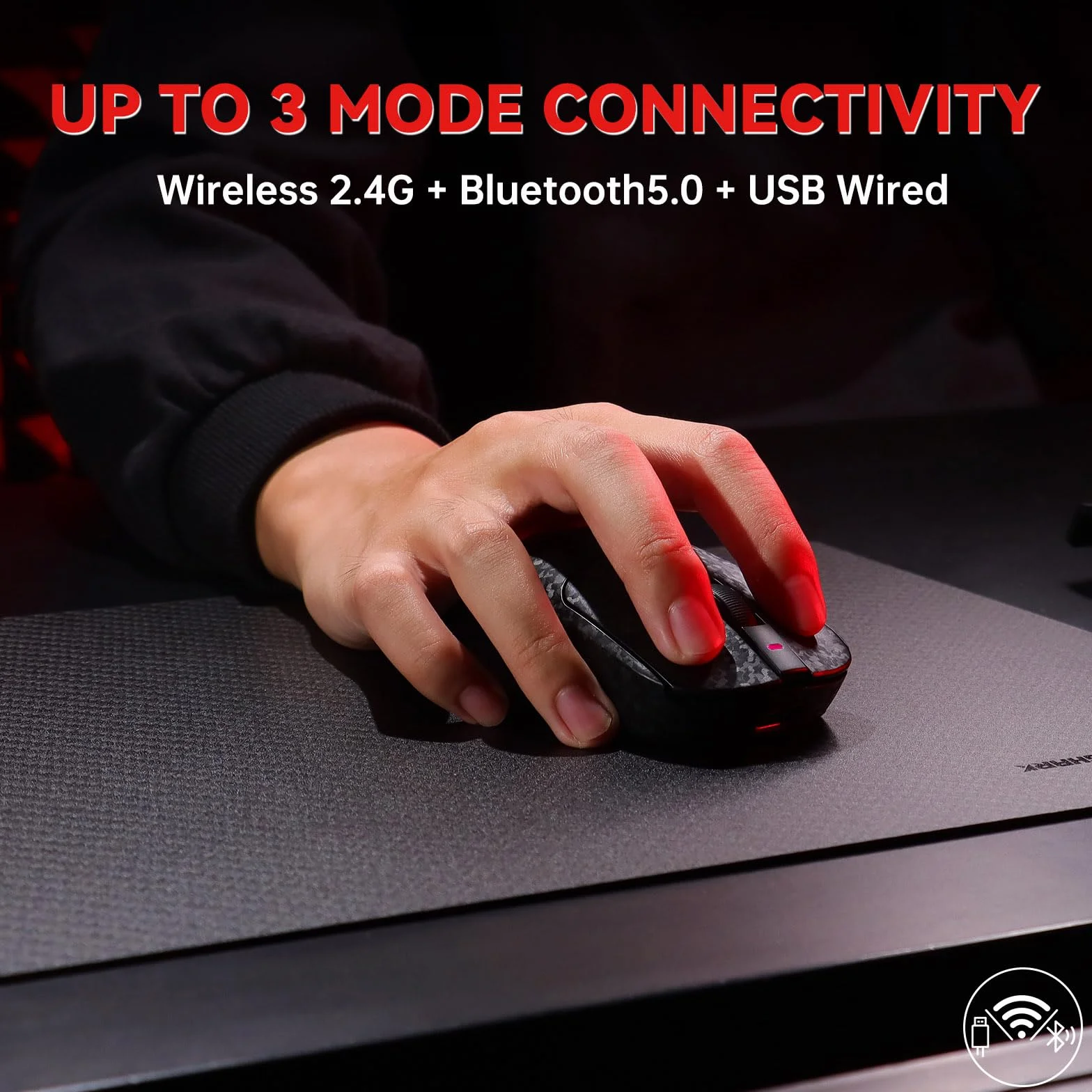 A.JAZZ AJ199 Mysz Gamingowa z Włókna Węglowego, Wireless 2,4G/BT/USB C, Ultralekka 55 g, Czujnik Optyczny PixArt PAW3311 z 24000 DPI i odpytywaniem 1000, 6 Programowalna Przyciskowa, PC/Mac - Czarna